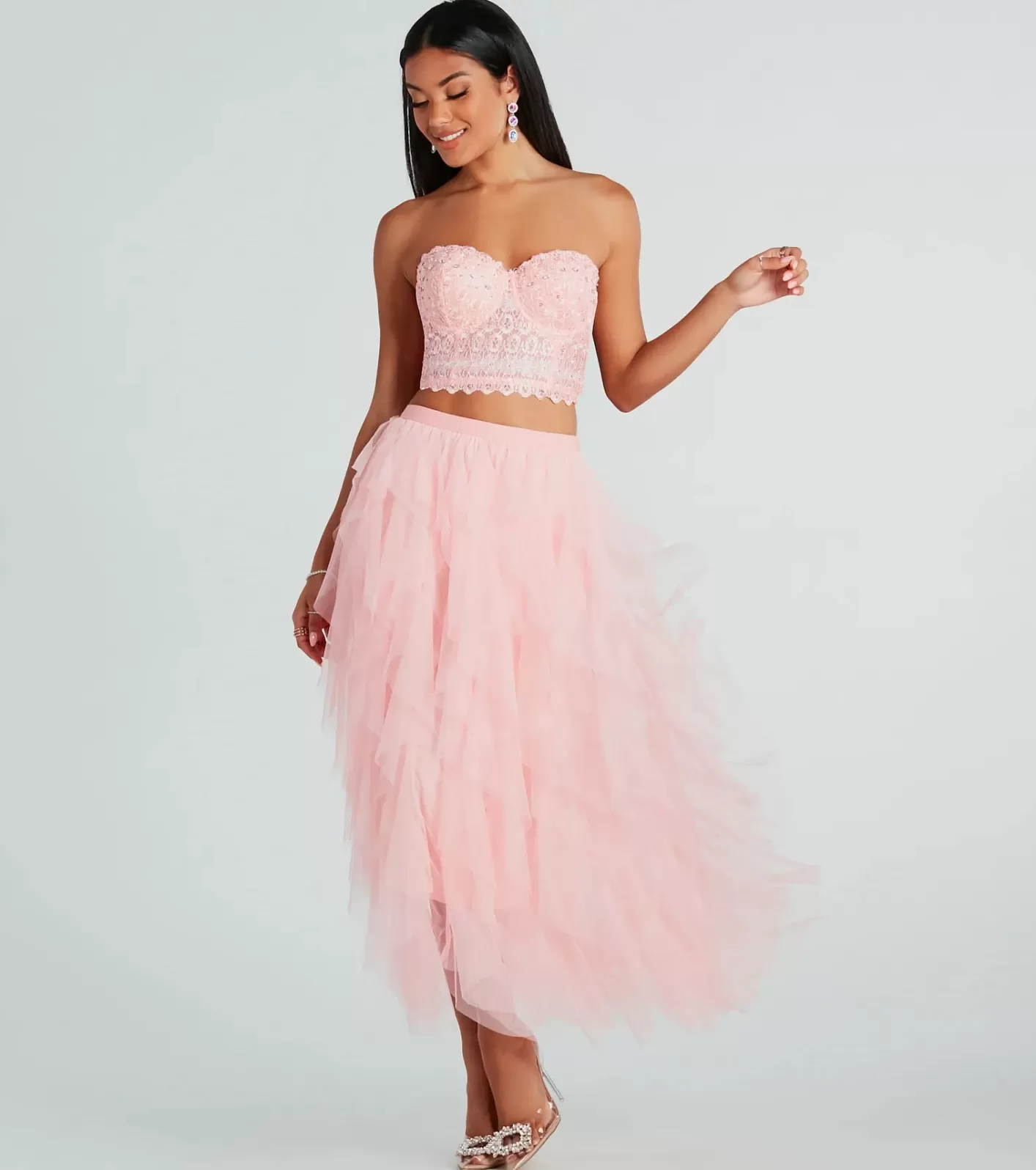 Windsor A Little Drama Ruffled Tulle Midi Skirt PINK Best Sale
