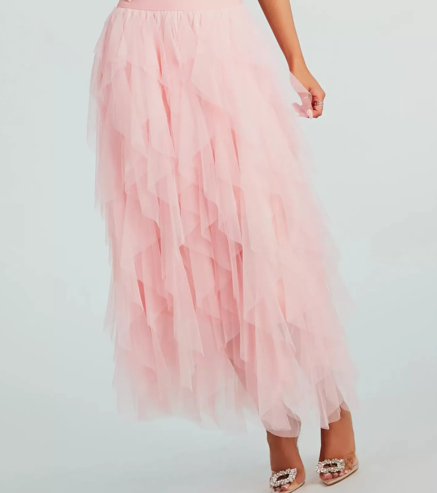 Windsor A Little Drama Ruffled Tulle Midi Skirt PINK Best Sale