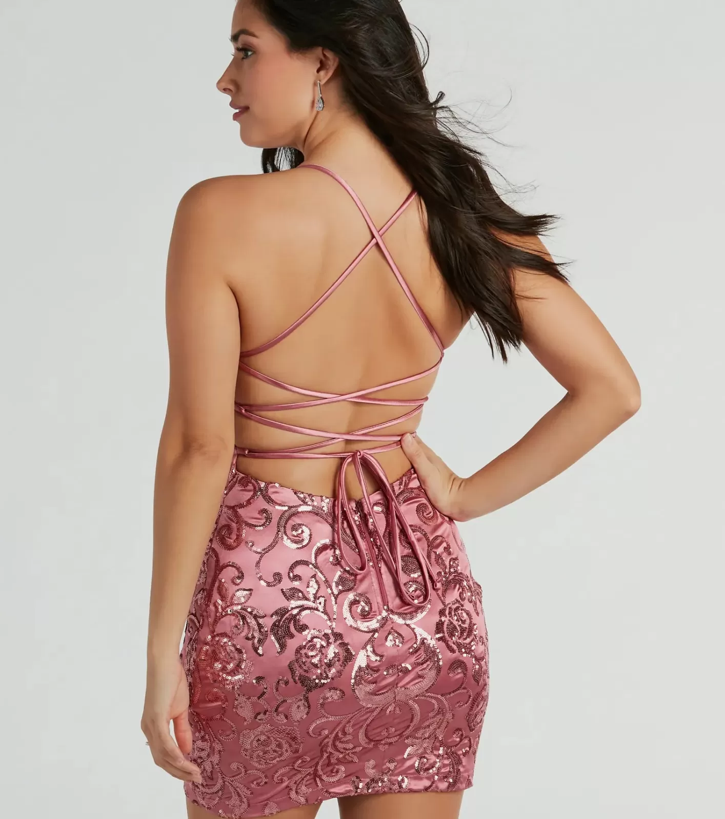 Windsor Abby Lace-Up Sequin Satin Party Dress MAUVE Discount