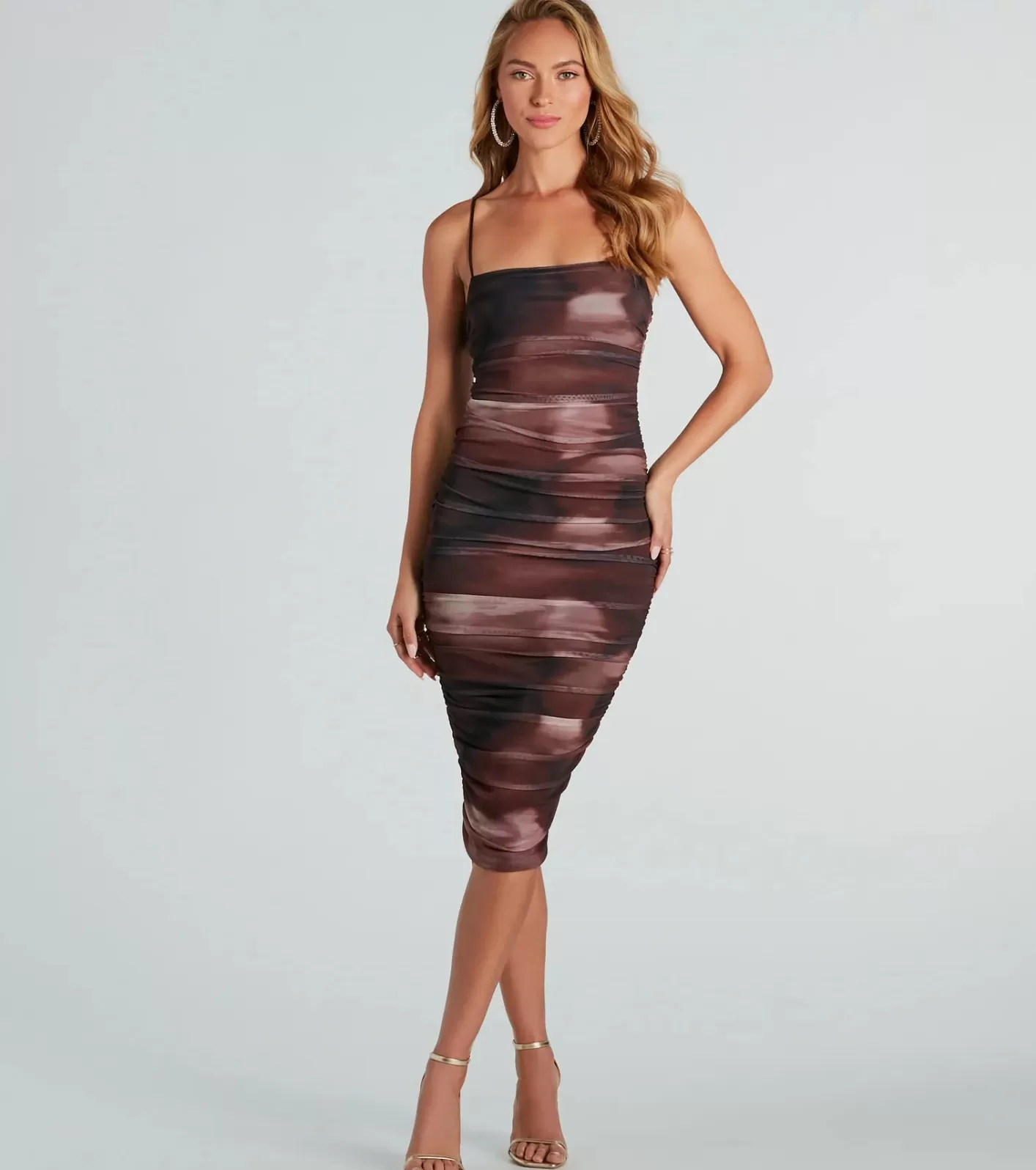Windsor Abstract Babe Ruched Mesh Midi Dress BROWN Cheap