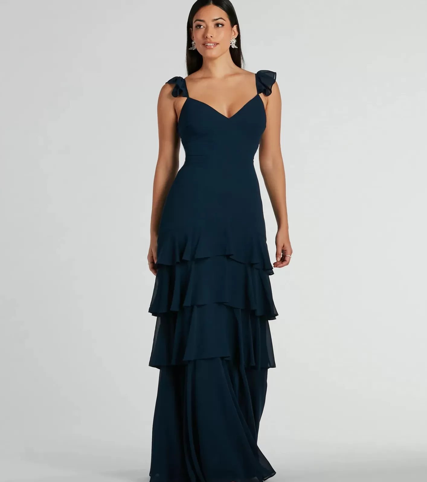 Windsor Adalee Flutter Strap Ruffled Chiffon Formal Dress NAVY Online