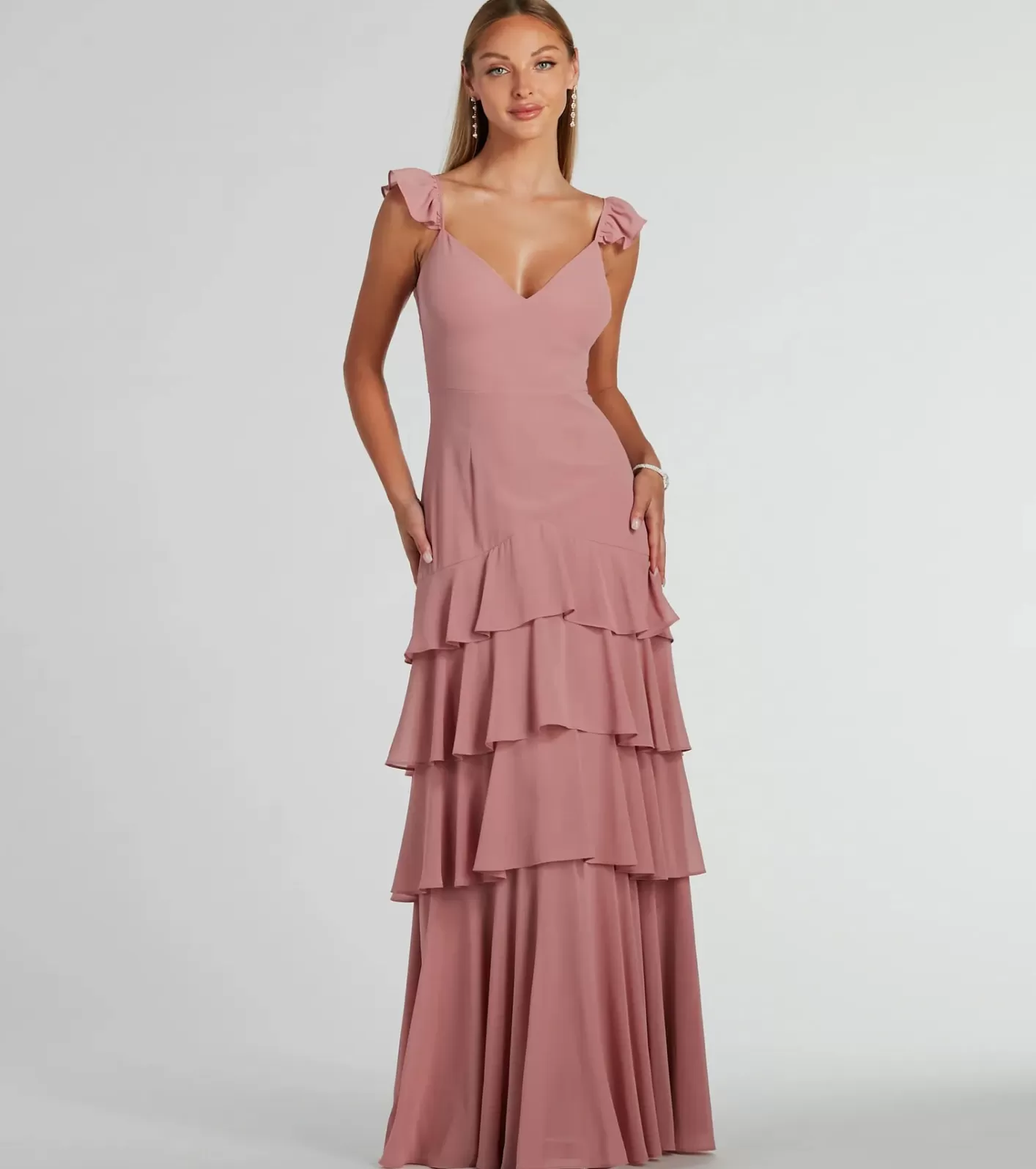Windsor Adalee Flutter Strap Ruffled Chiffon Formal Dress MAUVE Shop