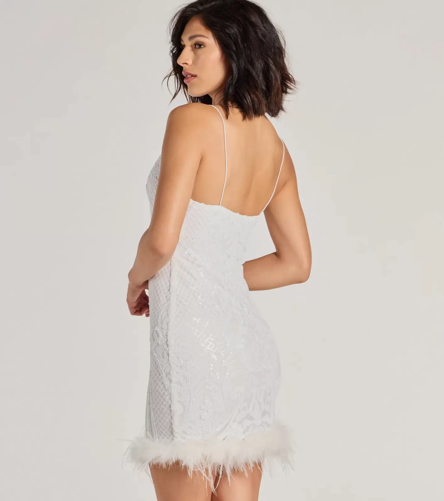Windsor Adelina Feather Trim Sequin Mini Dress OFFWHITE New