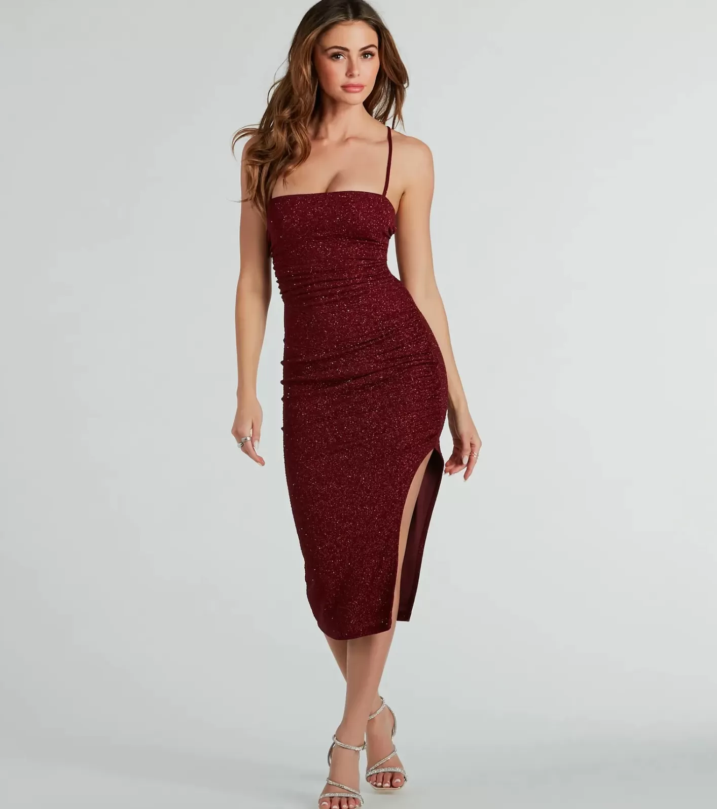 Windsor Adley Formal Glitter Lace-Up Midi Dress BURGUNDY Hot