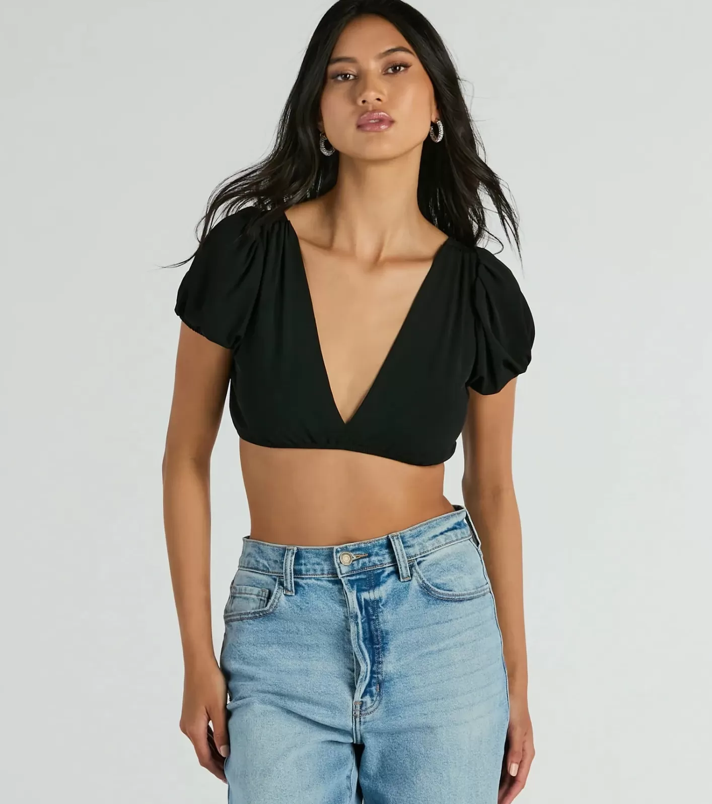 Windsor Adorable Allure Puff Sleeve Tie-Back Crop Top BLACK Best
