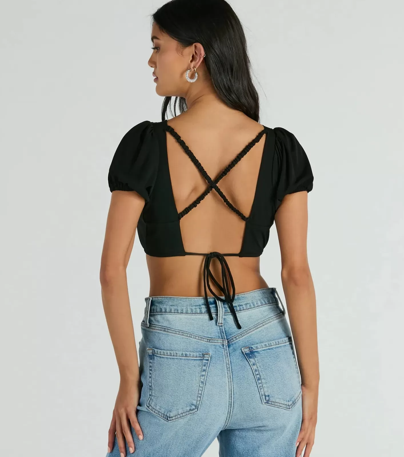 Windsor Adorable Allure Puff Sleeve Tie-Back Crop Top BLACK Best