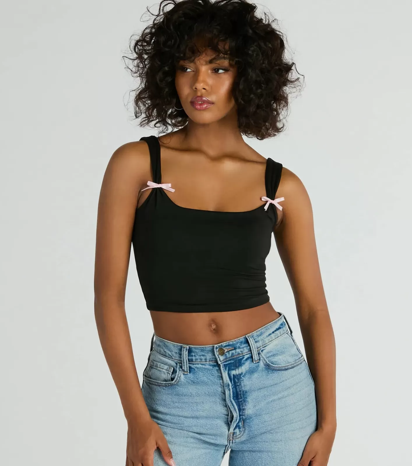 Windsor Adorable Icon Scoop Neck Bow Crop Top BLACK Best Sale