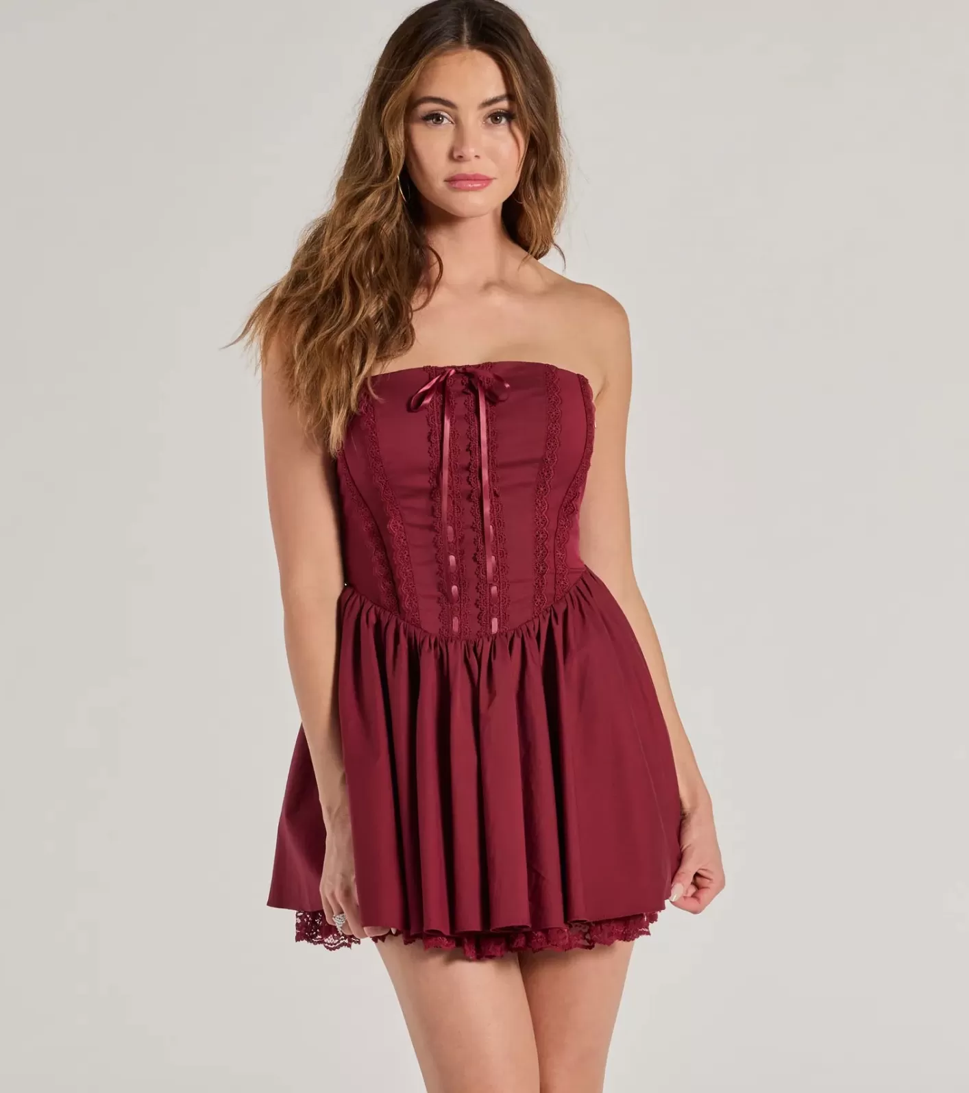 Windsor Adorably Flirty Lace Trim Drop Waist Skater Dress WINE New