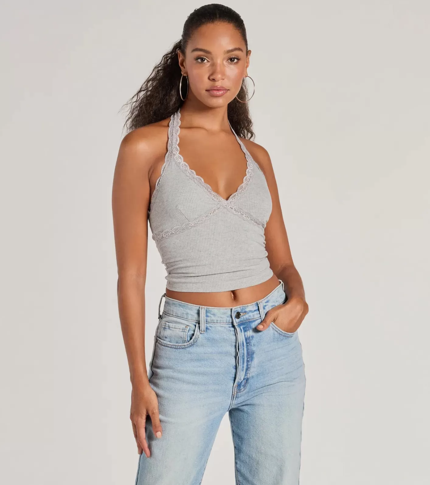 Windsor Adorably Trendy Lace Trim Knit Halter Top HEATHERGRAY Discount
