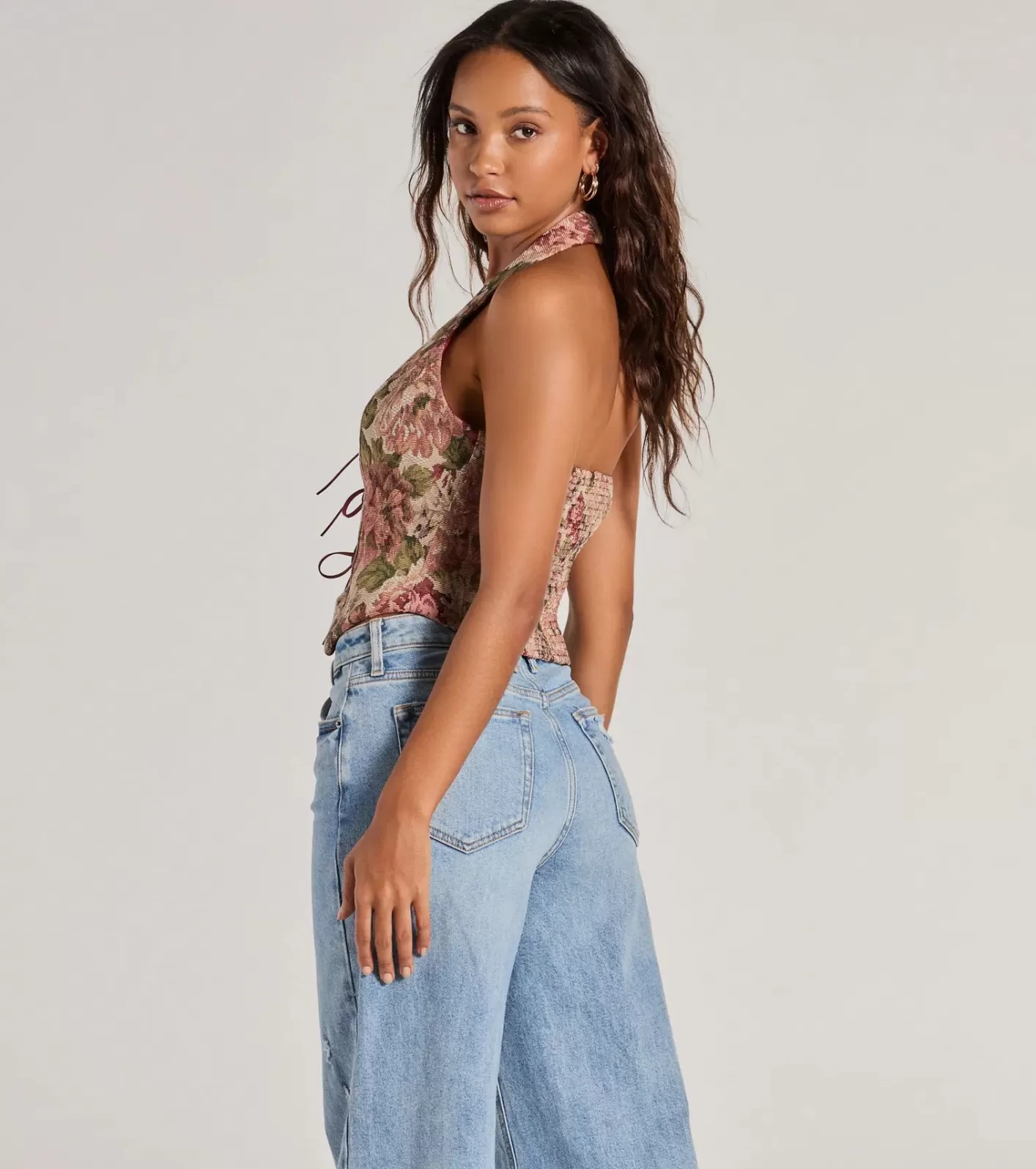 Windsor Adore You Floral Tapestry Lace Up Vest NATURAL Flash Sale