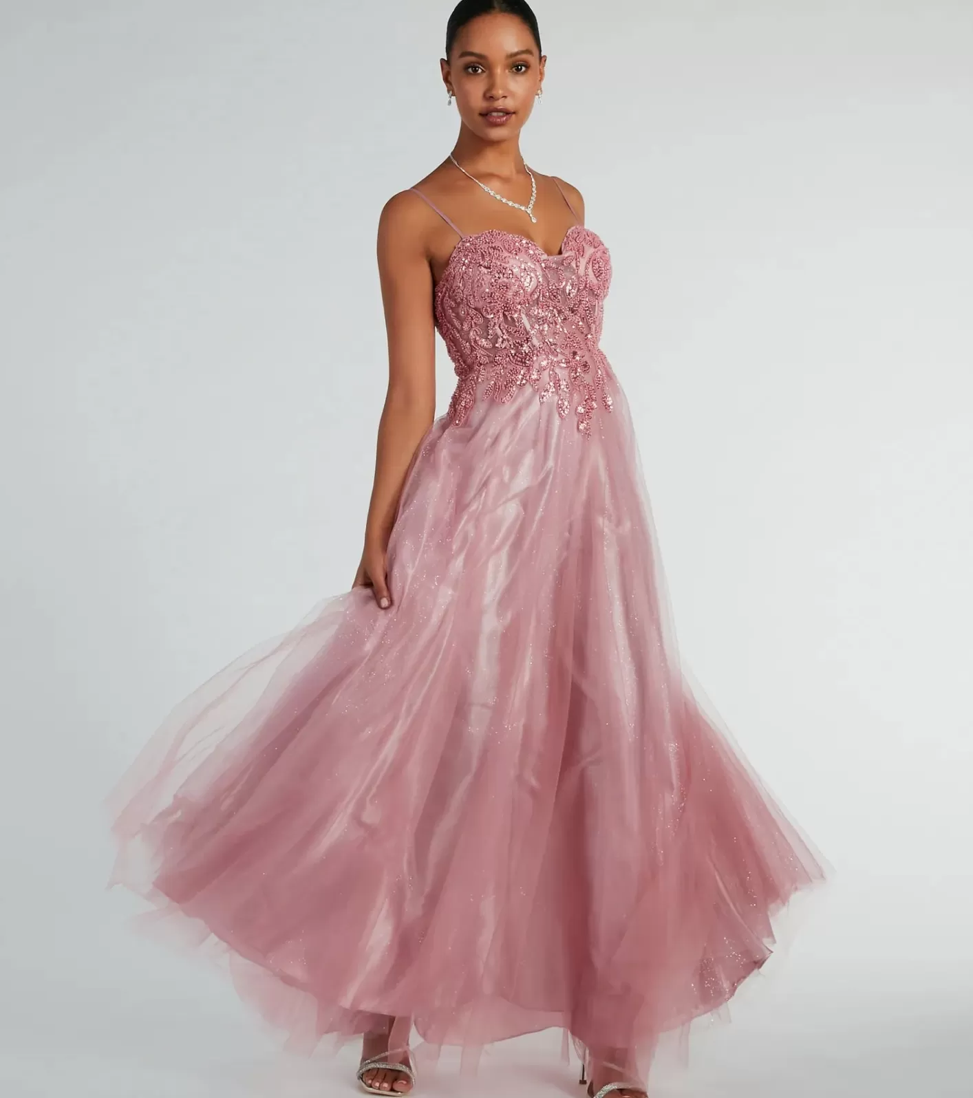 Windsor Aila Sweetheart Beaded A-Line Glitter Formal Dress ROSE Best