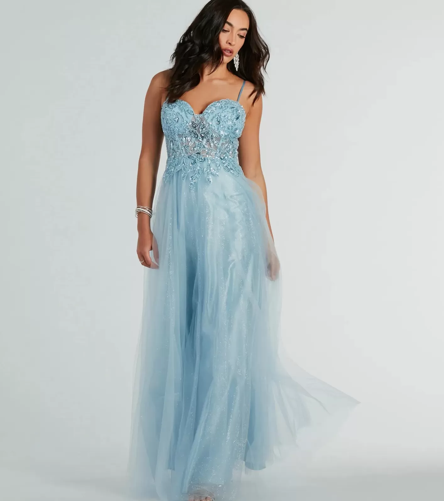 Windsor Aila Sweetheart Beaded A-Line Glitter Formal Dress LIGHTBLUE Clearance