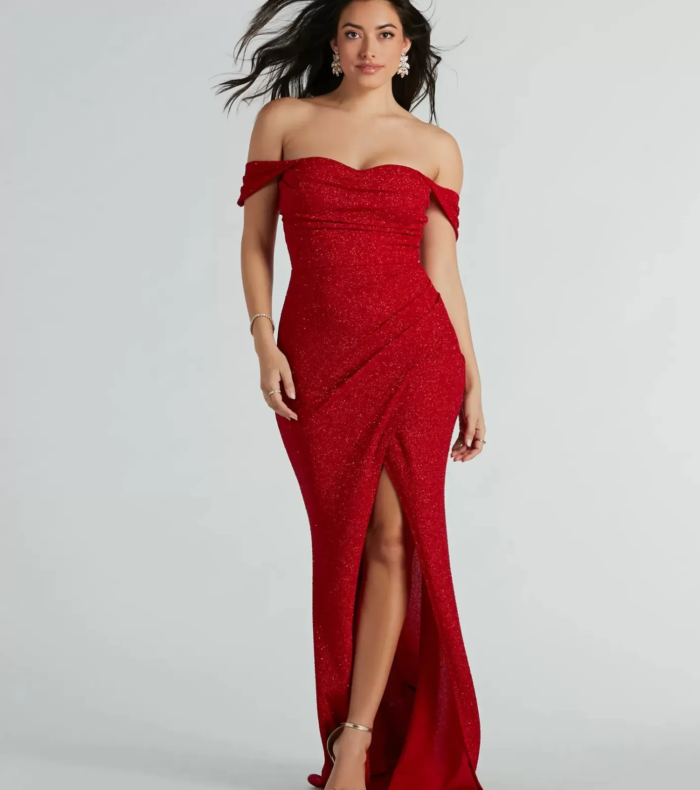 Windsor Airlie Formal Glitter Off-The-Shoulder Dress RED Sale