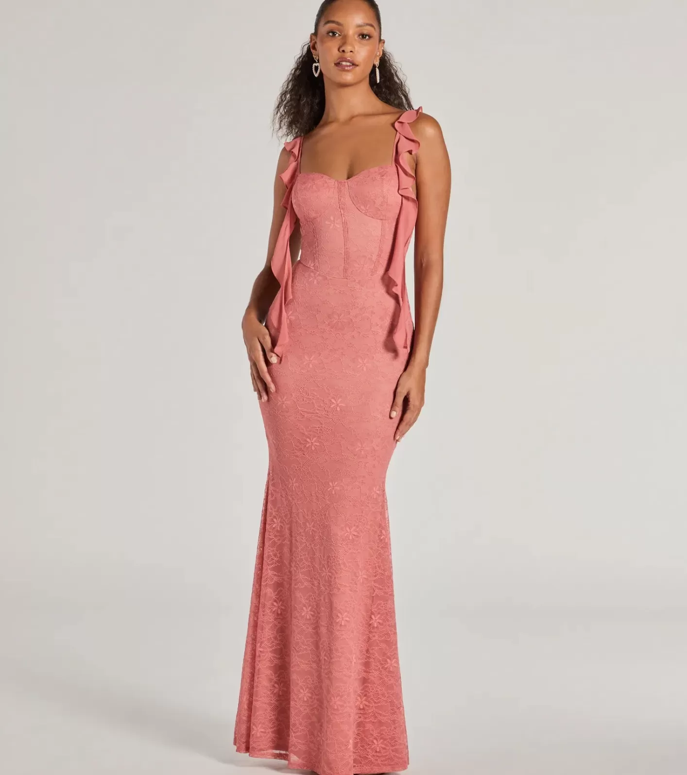 Windsor Alanna Ruffled Lace Corset Mermaid Dress ROSE Sale