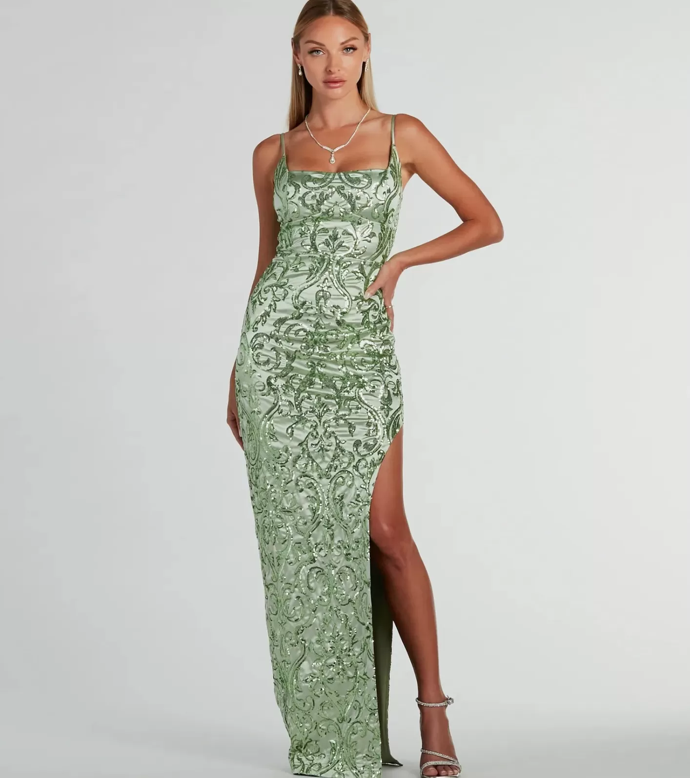 Windsor Alessia Square Neck Slim Sequin Satin Formal Dress SAGE Store
