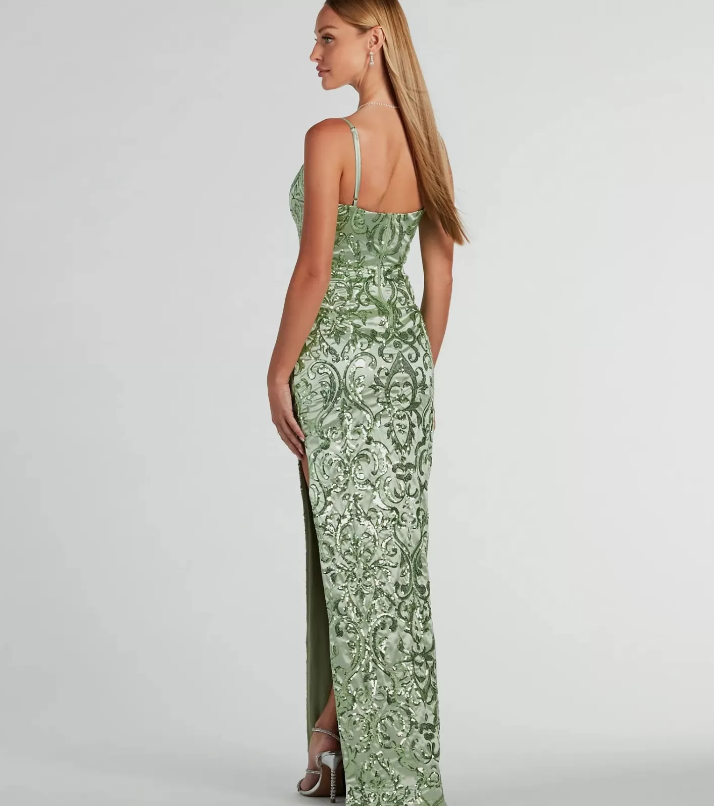 Windsor Alessia Square Neck Slim Sequin Satin Formal Dress SAGE Store