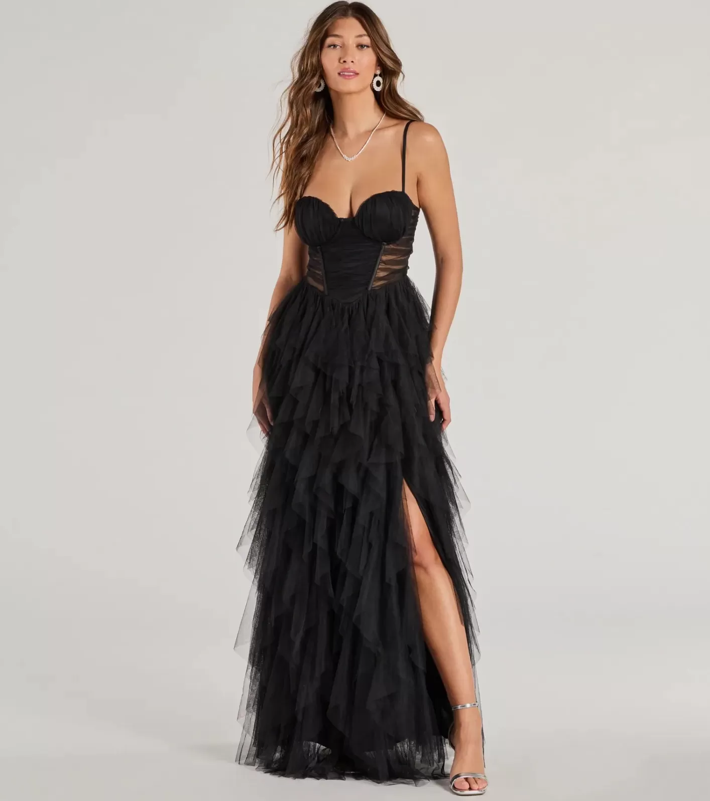 Windsor Aletta Long Sleeveless Ruffled A-Line Dress BLACK Clearance