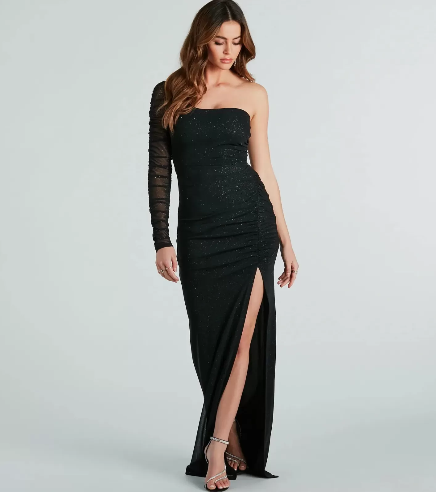Windsor Aliana Glitter Mesh One-Shoulder Long Formal Dress BLACK Sale