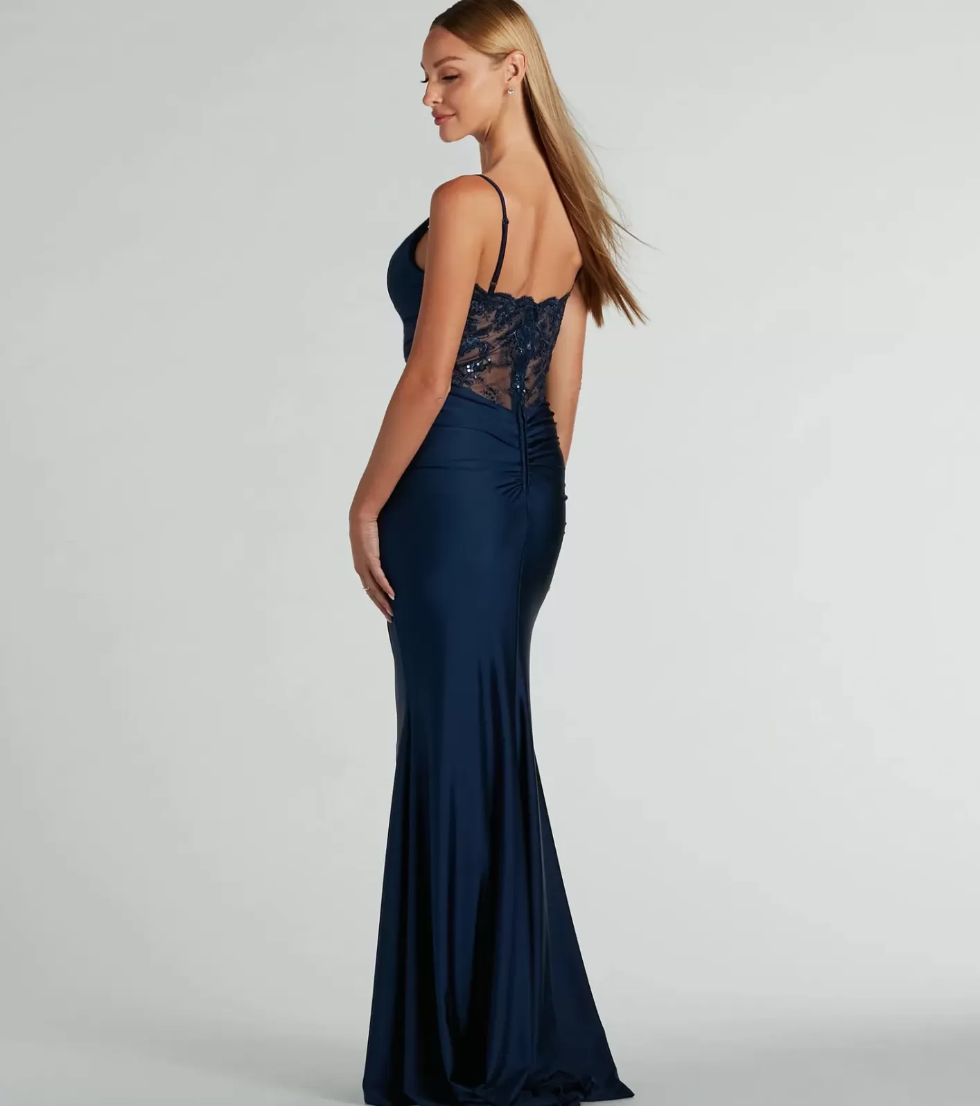 Windsor Alisa Lace Sequin Back Mermaid Formal Dress NAVY Outlet