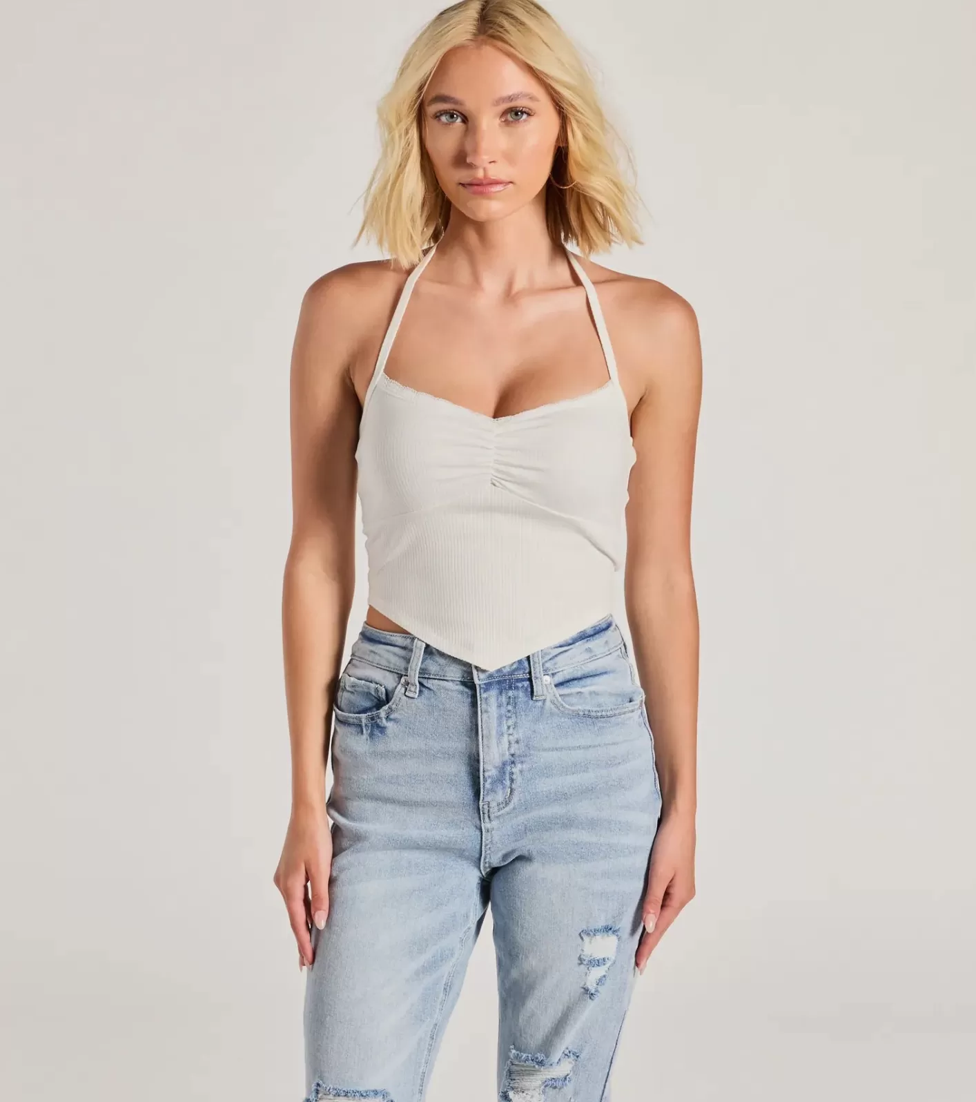 Windsor All Day Darling Halter V-Neck Lace Trim Crop Top WHITE Fashion