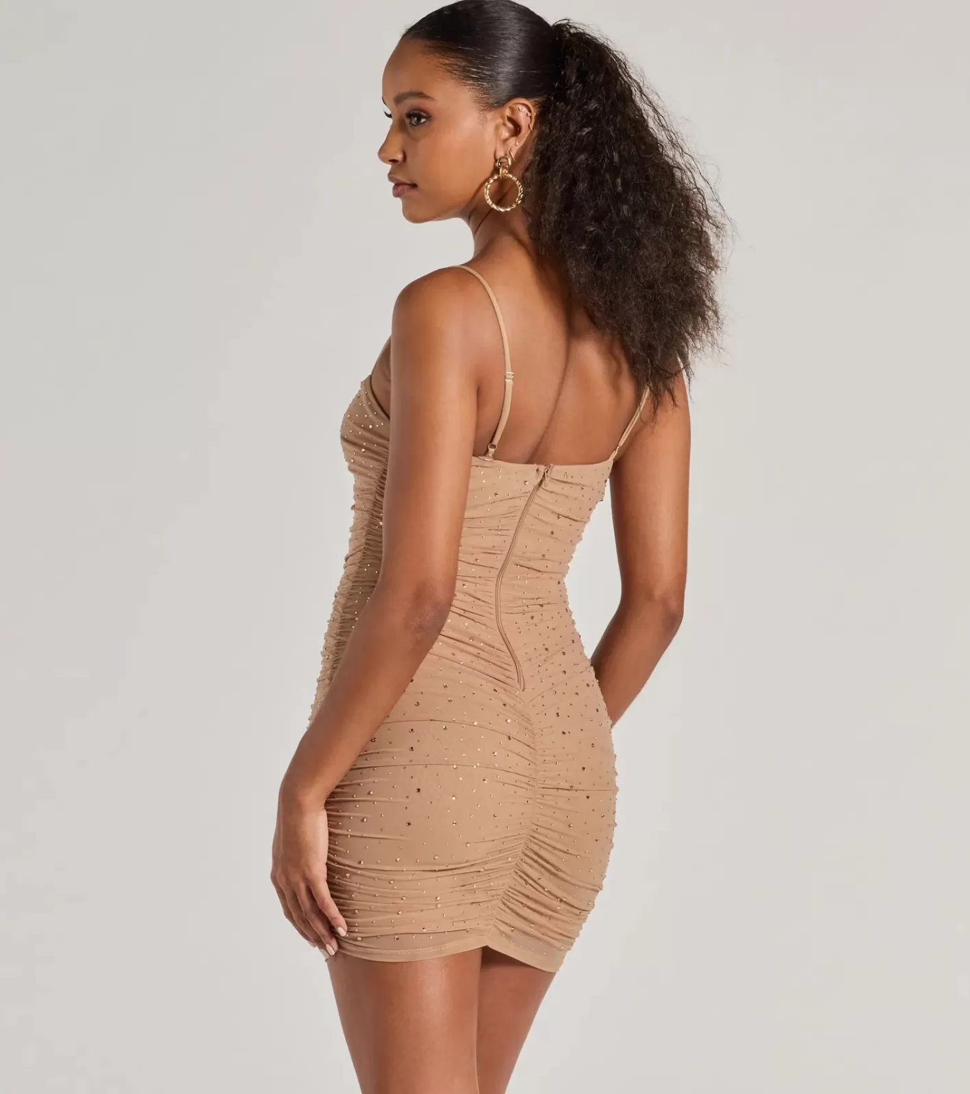 Windsor All Eyes On Me Rhinestone Mesh Mini Dress NUDE New