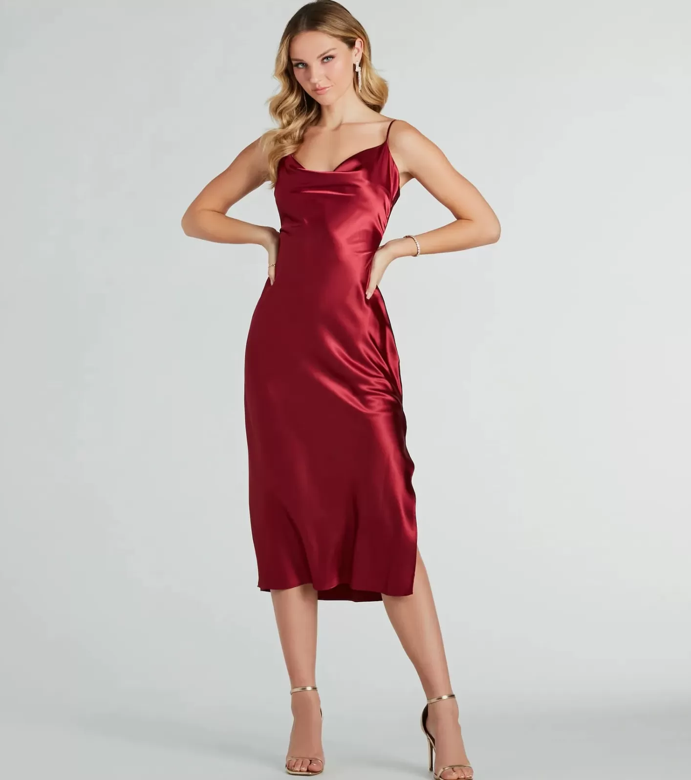 Windsor All The Elegance Satin Slip Midi Dress WINE Flash Sale