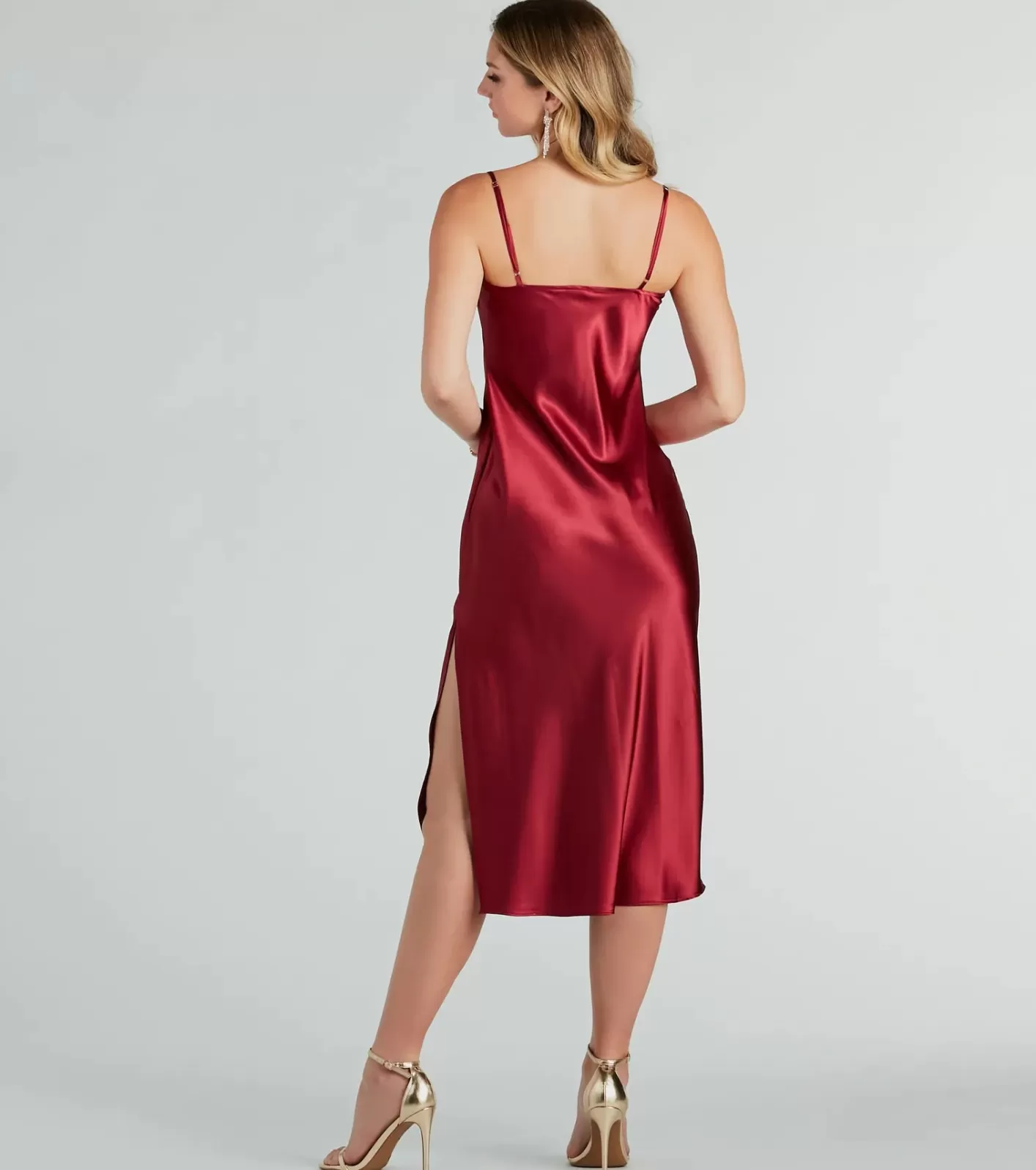 Windsor All The Elegance Satin Slip Midi Dress WINE Flash Sale