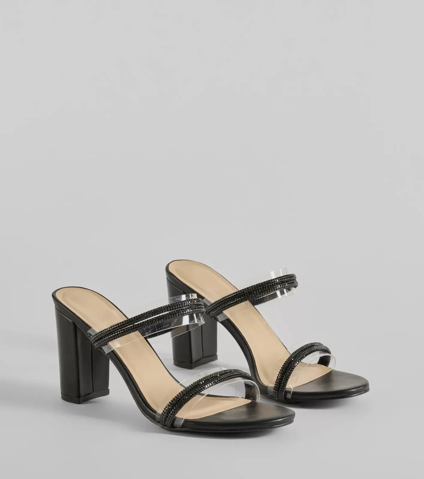 Windsor All The Glam Rhinestone Clear Strap Block Heels BLACK Clearance