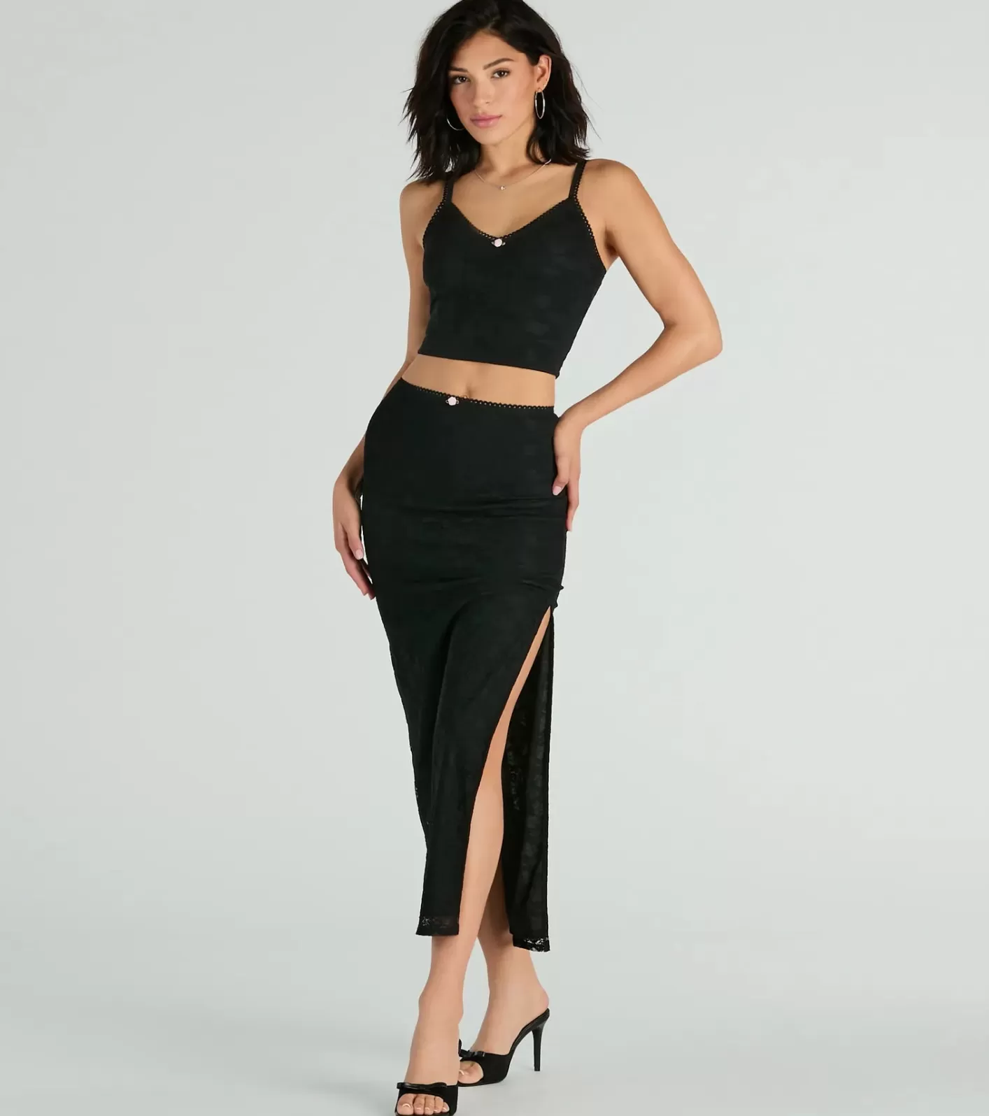 Windsor Alluring Dream High-Rise Lace Rosette Maxi Skirt BLACK Cheap