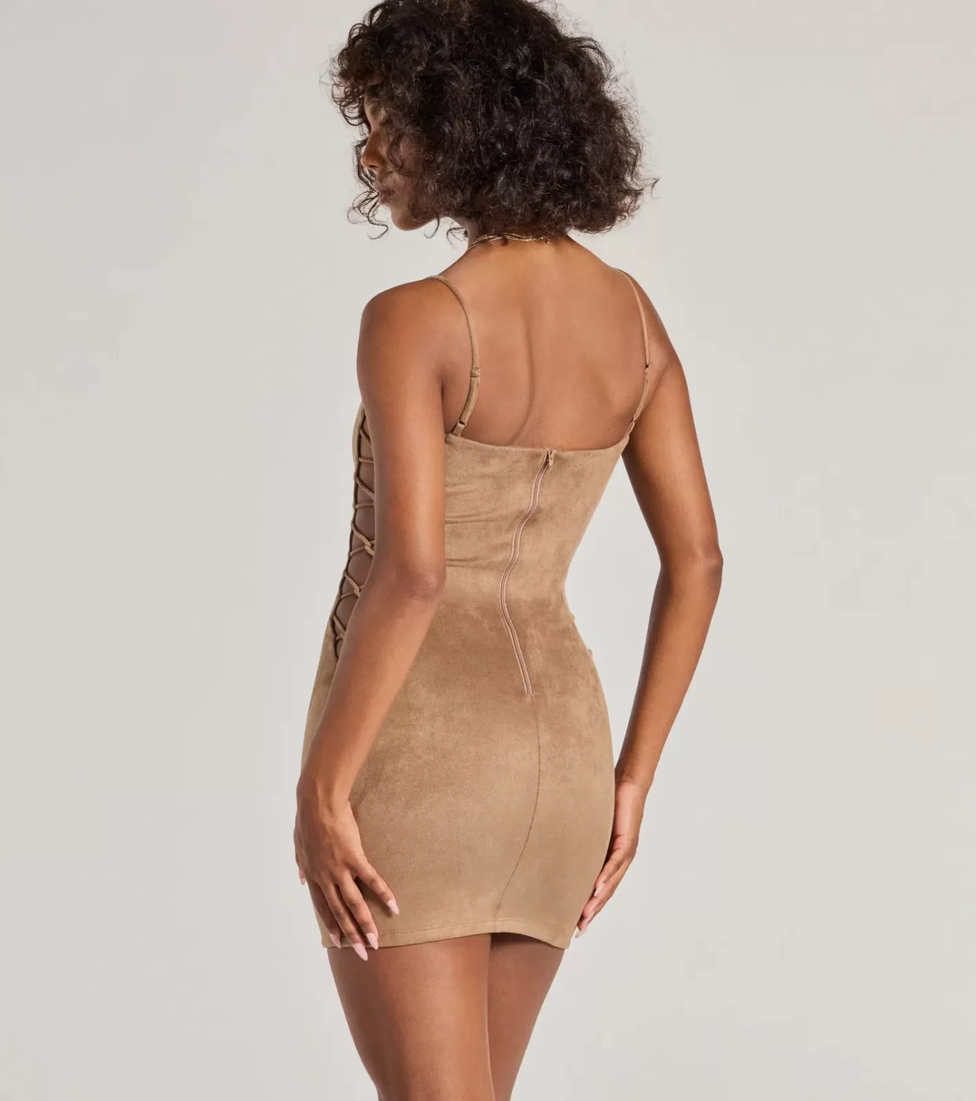 Windsor Alluring Moment Faux Suede Lattice Cutout Mini Dress TAN Online