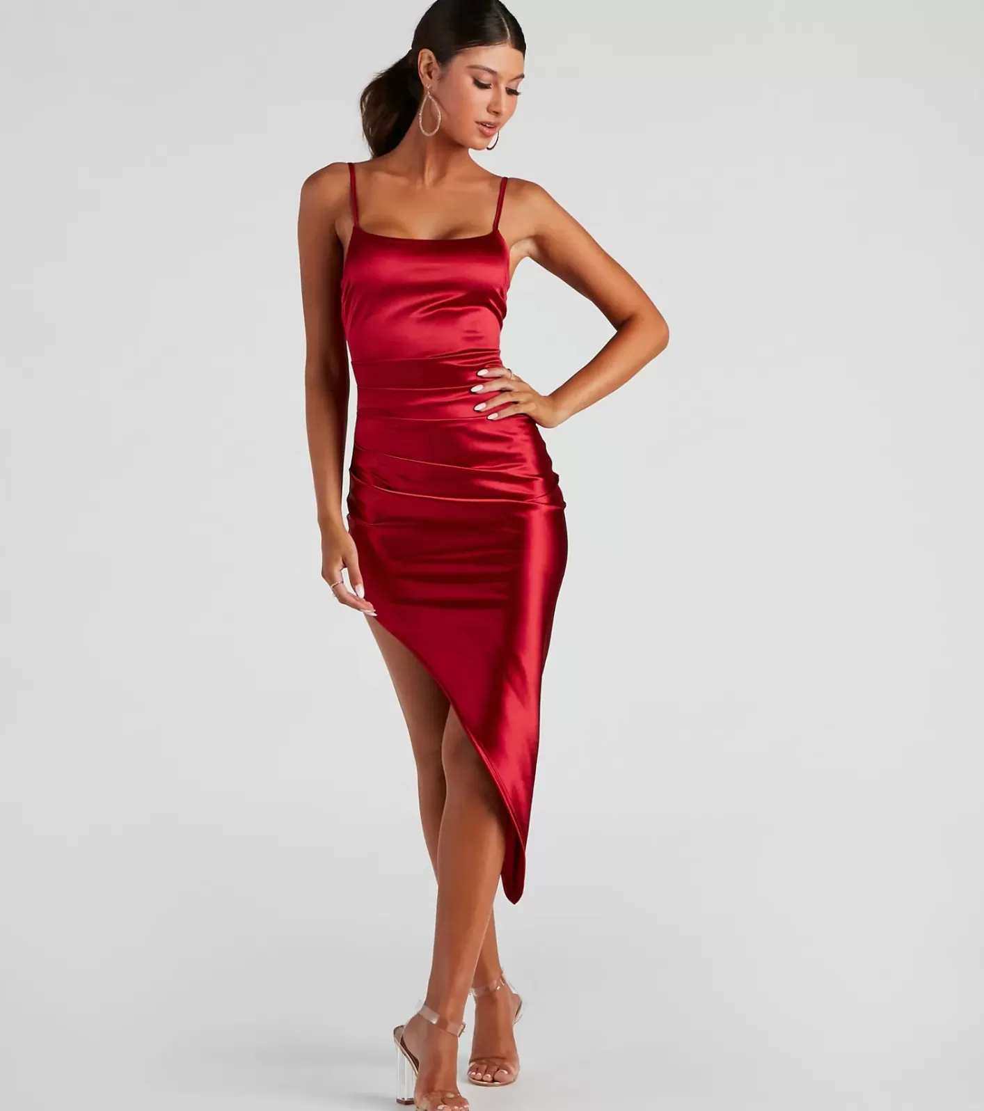 Windsor Alluring Silhouette Satin Midi Dress RED Cheap