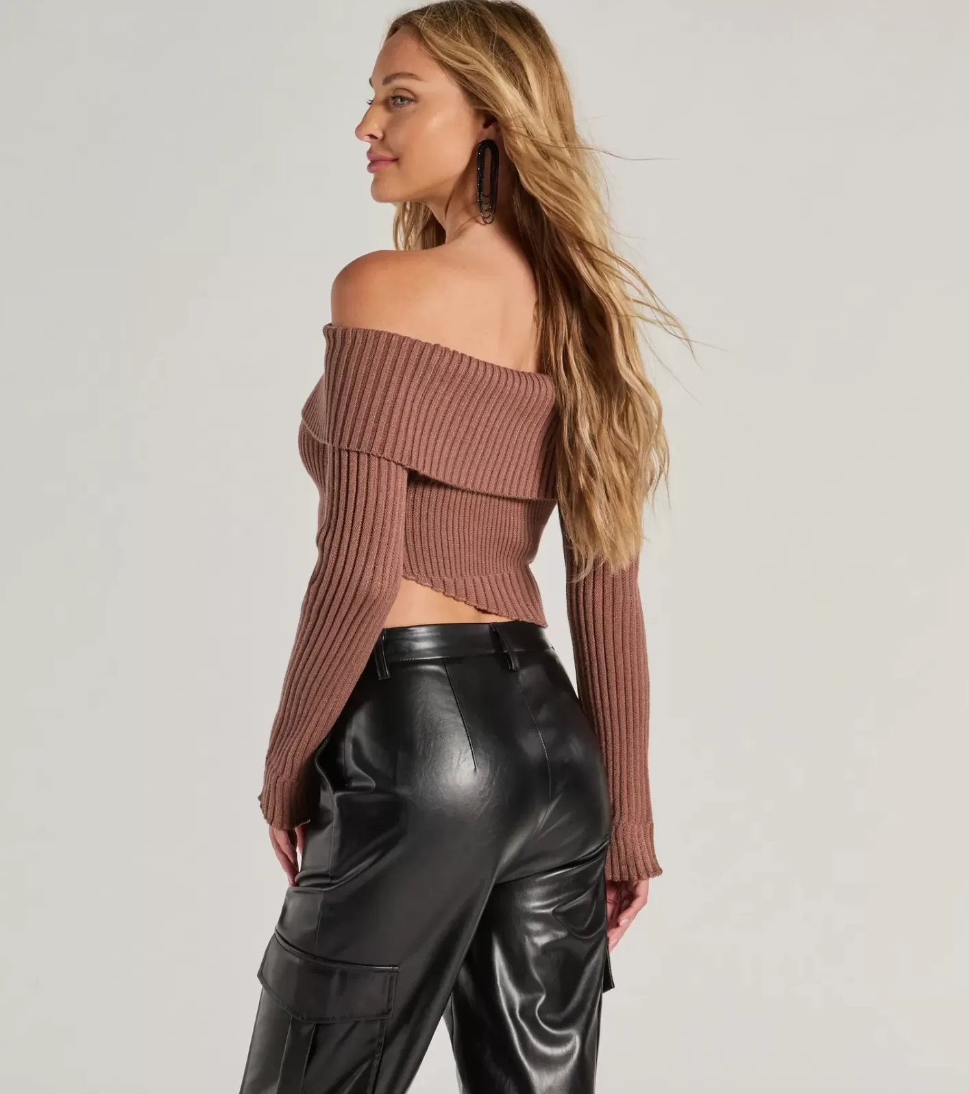 Windsor Always Got The Glam Off-The-Shoulder Asymmetrical Crop Top BROWN New