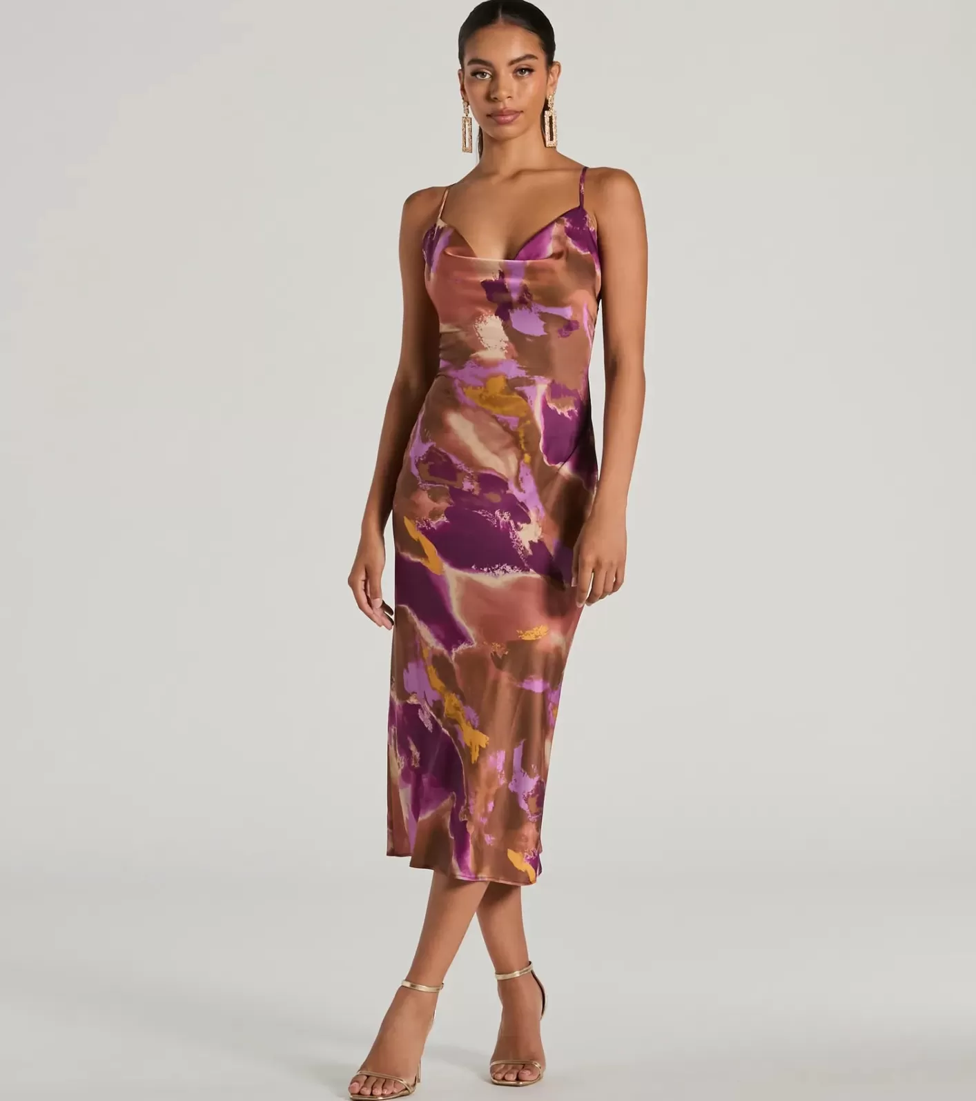 Windsor Always Impress Cowl Neck Tie-Dye Satin Midi Dress PURPLE Discount