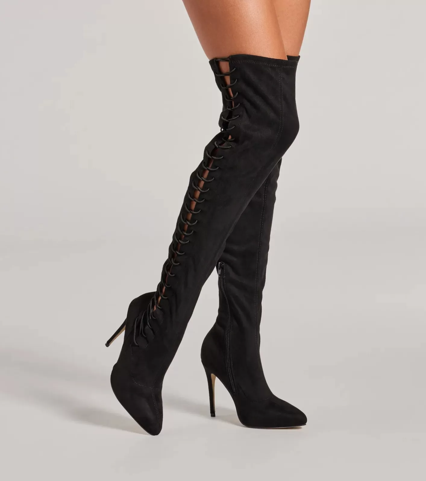 Windsor Always On Point Lace-Up Thigh High Stiletto Boots BLACK New
