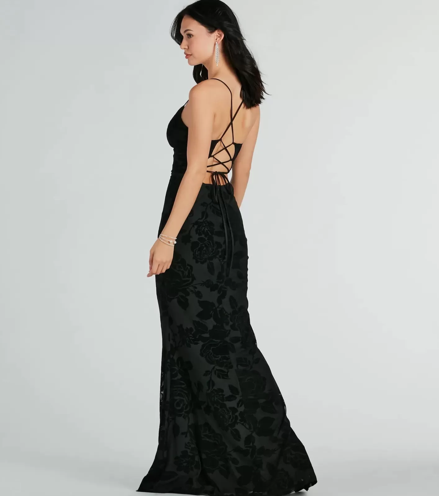 Windsor Aly Formal Floral Velvet Lace-Up Mermaid Dress BLACK Cheap