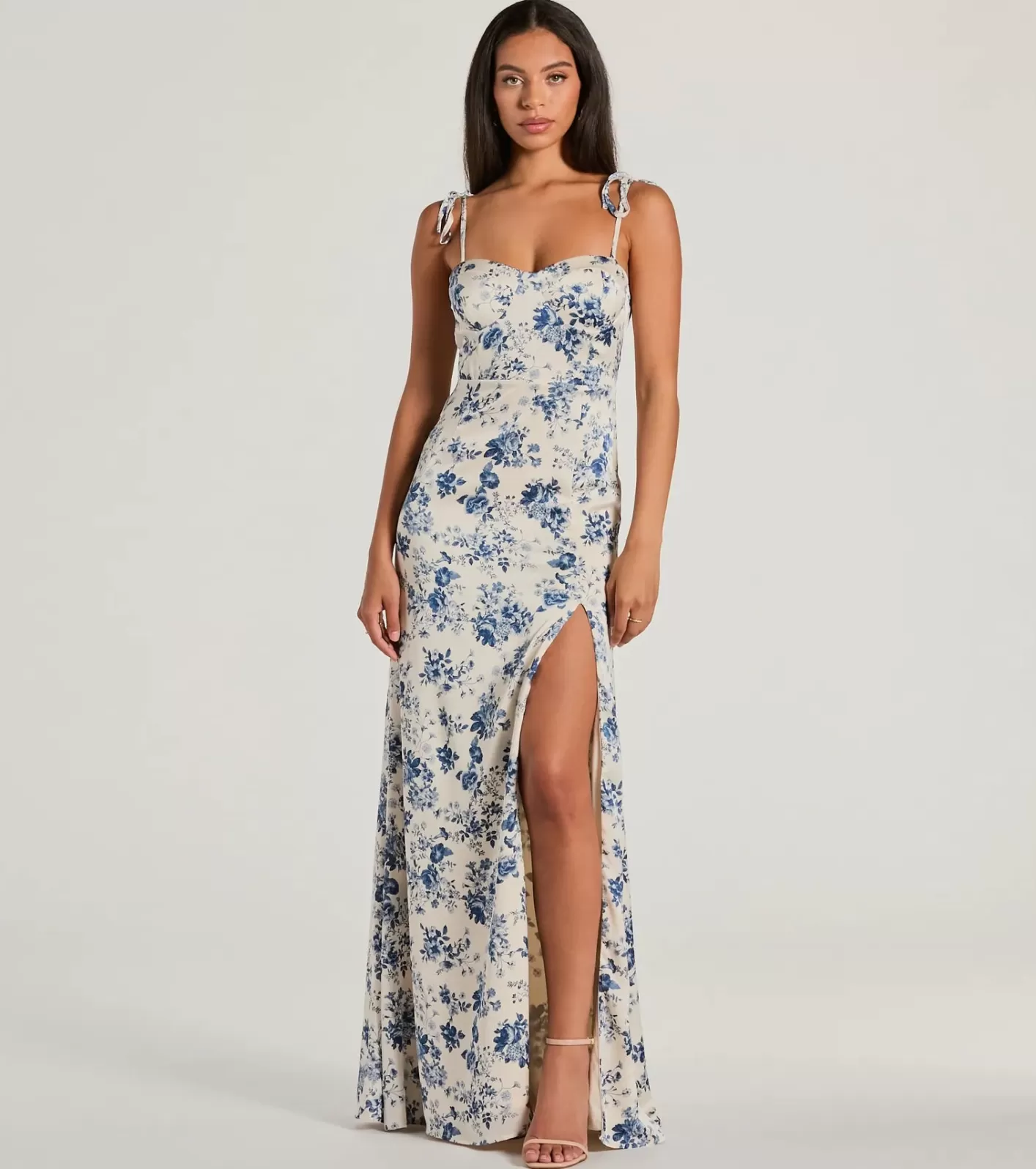 Windsor Amalia High Slit Floral Satin Mermaid Dress LIGHTBLUE New
