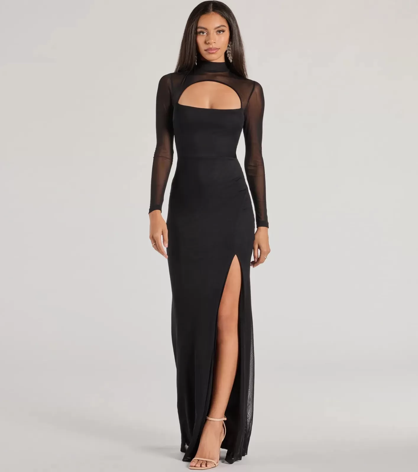 Windsor Amiri Sheer Mesh Mock Neck Cutout Mermaid Dress BLACK Sale