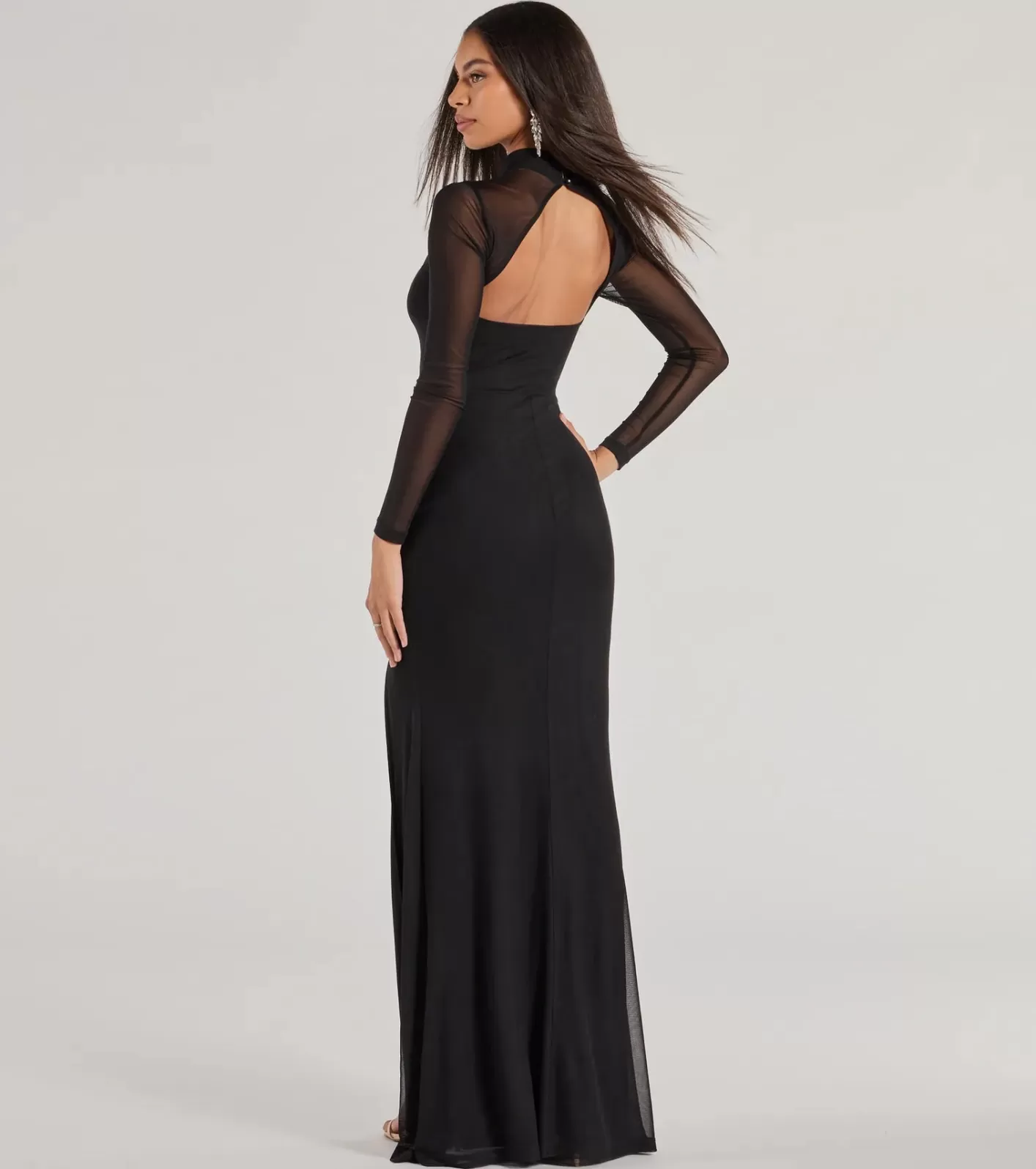 Windsor Amiri Sheer Mesh Mock Neck Cutout Mermaid Dress BLACK Sale