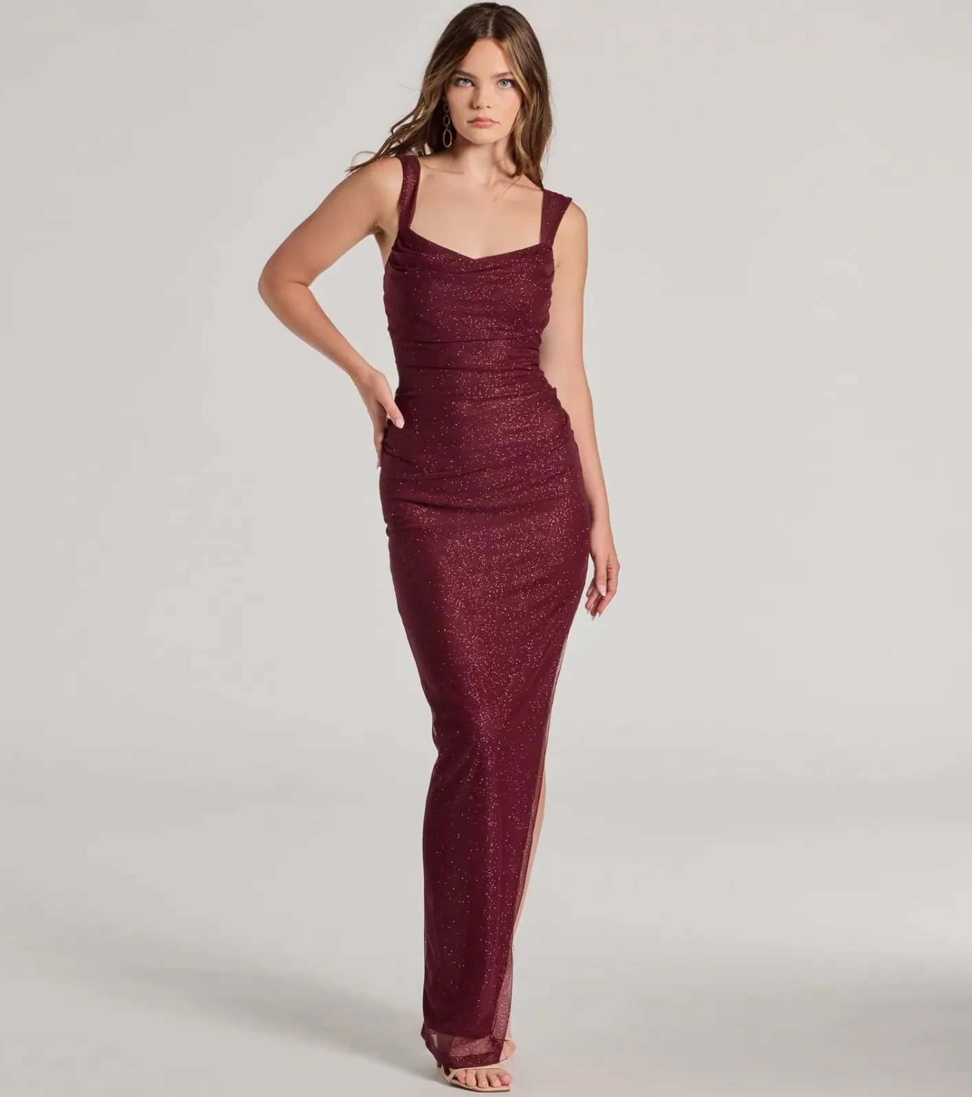 Windsor Amora Glitter Mesh High Slit Formal Dress WINE Hot