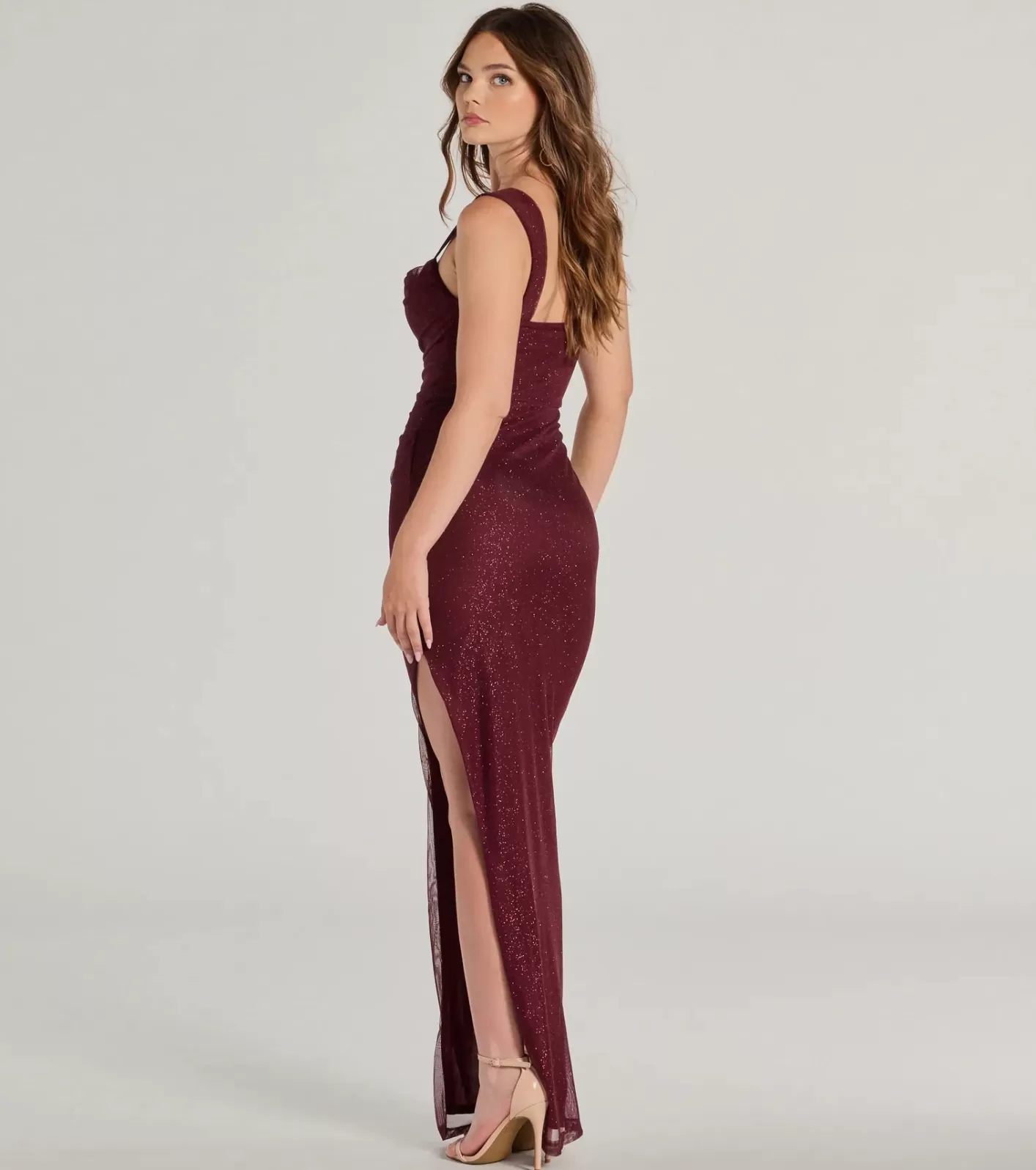 Windsor Amora Glitter Mesh High Slit Formal Dress WINE Hot