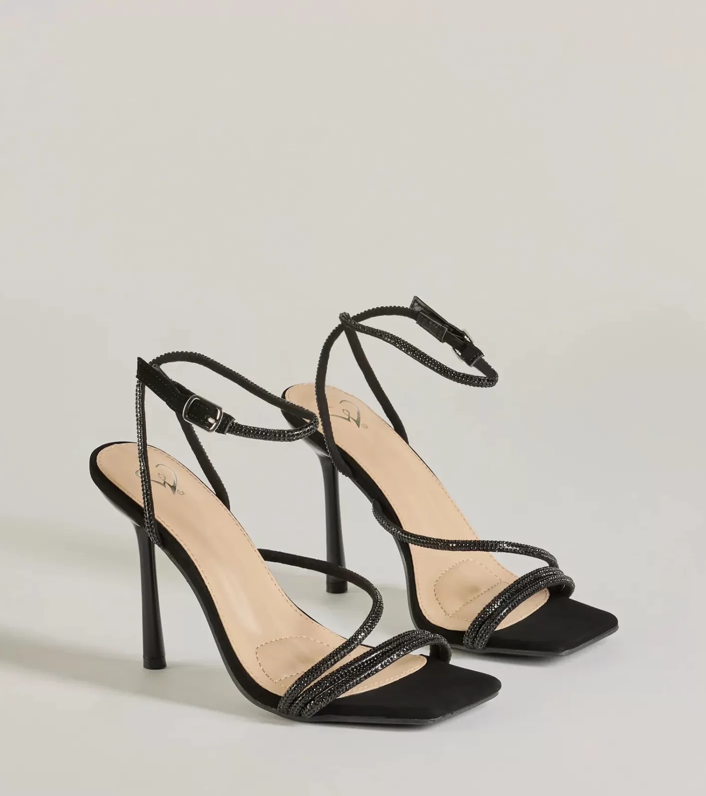Windsor Amped Up Glam Rhinestone Strappy Stiletto Heels BLACK Discount