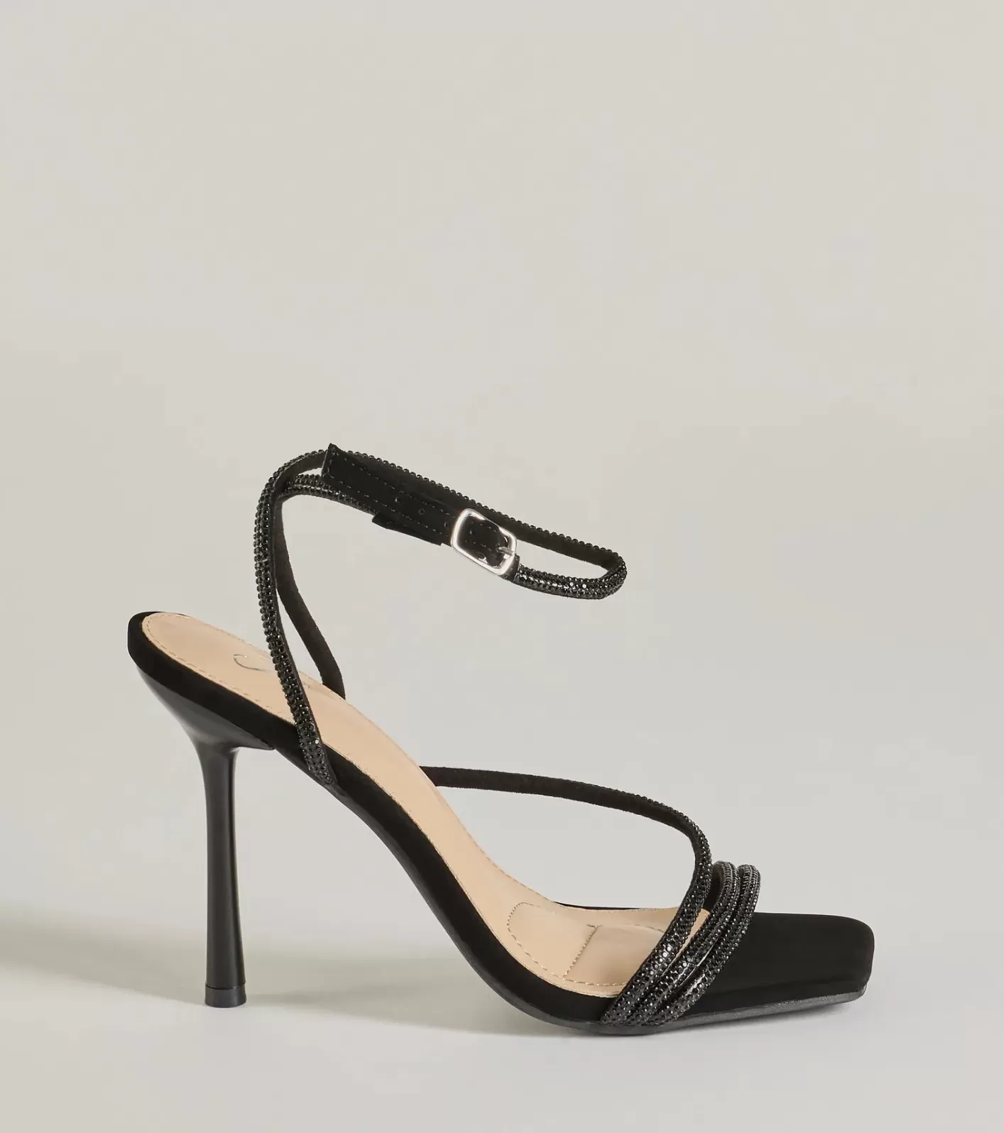 Windsor Amped Up Glam Rhinestone Strappy Stiletto Heels BLACK Discount