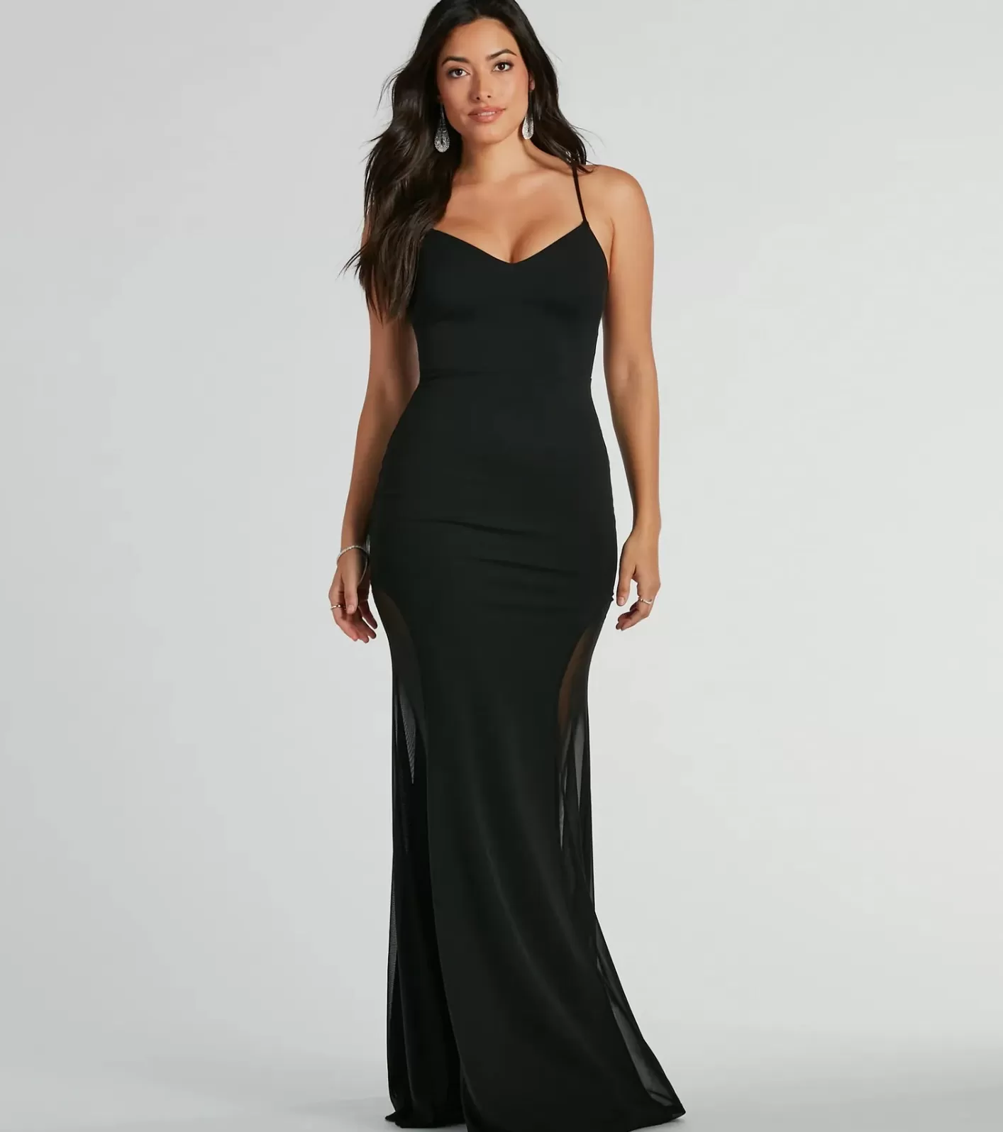 Windsor Amy V-Neck Mesh Mermaid Crepe Formal Dress BLACK Sale