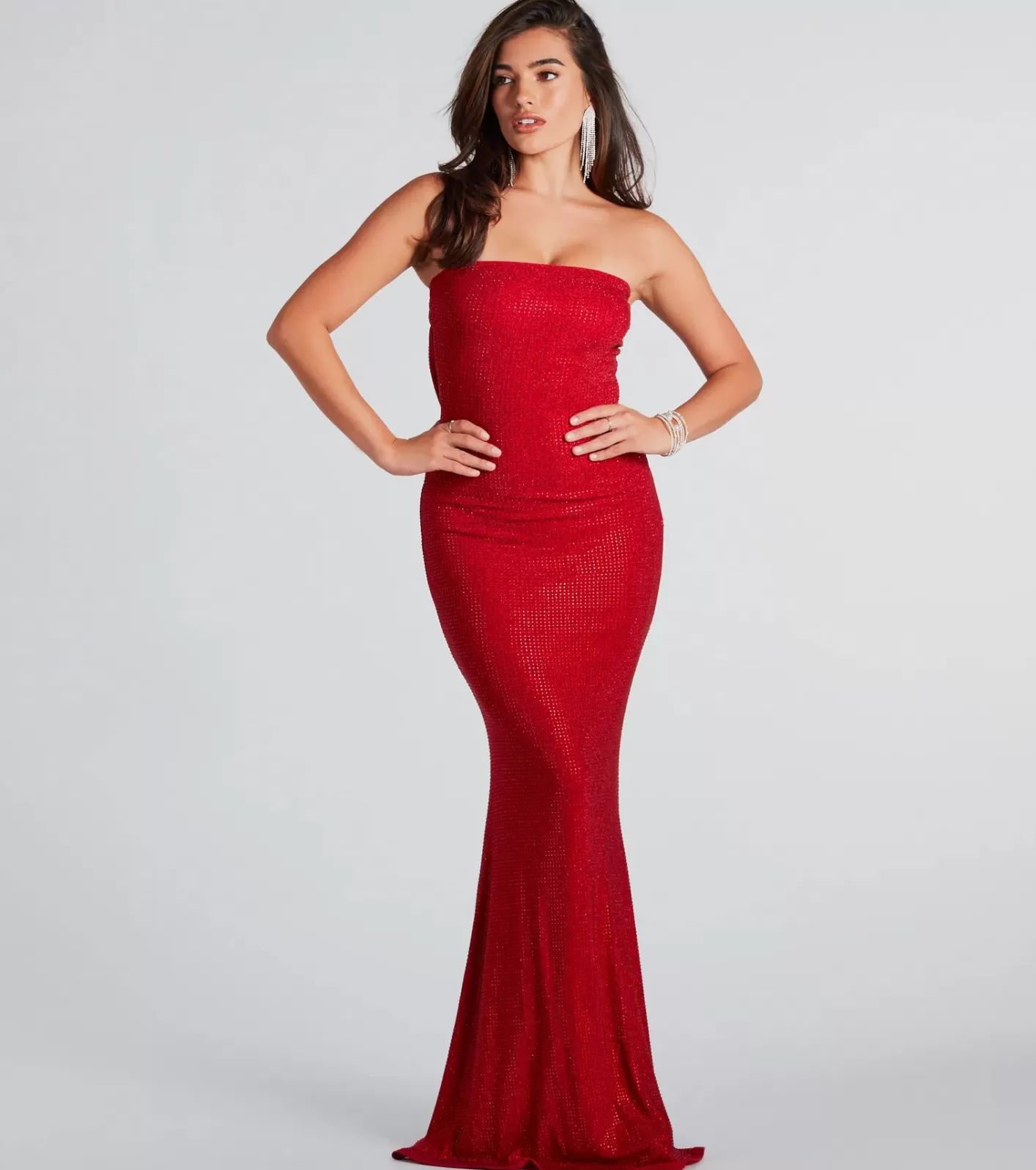 Windsor Ana Formal Rhinestone Cowl Back Long Dress RED Best Sale