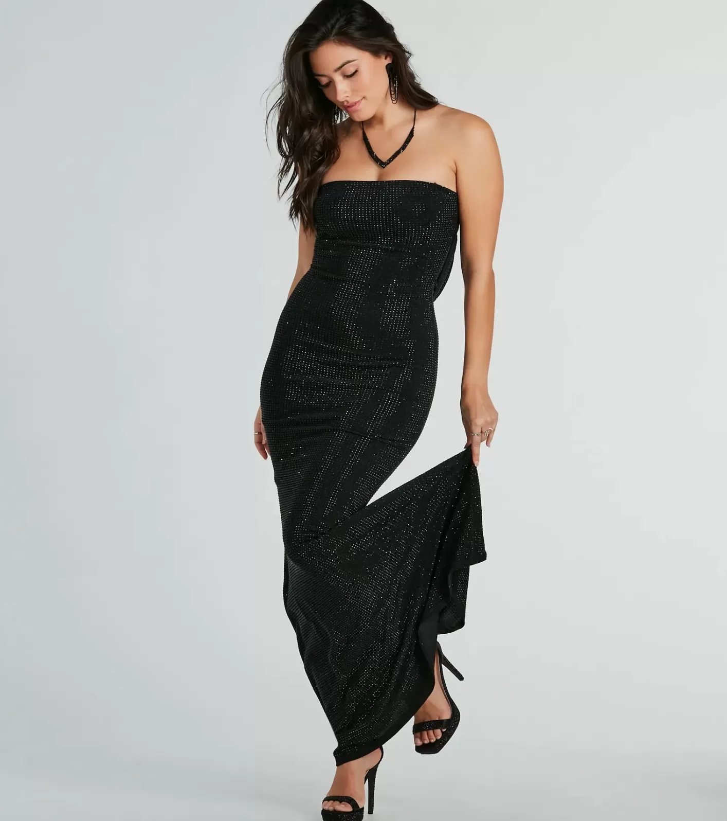Windsor Ana Formal Rhinestone Cowl Back Long Dress BLACK Shop
