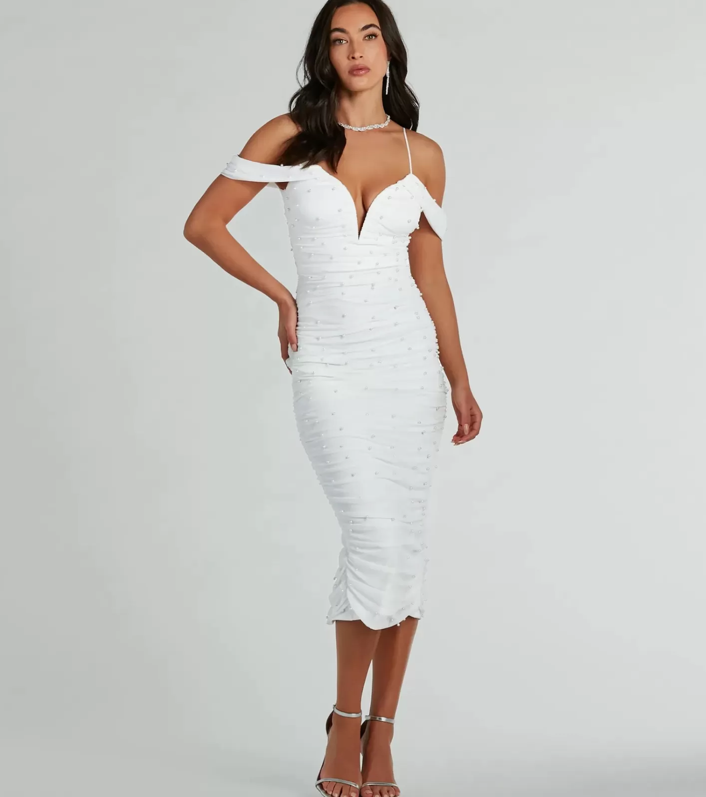 Windsor Anika Cold-Shoulder Pearl Mesh Formal Midi Dress WHITE Discount