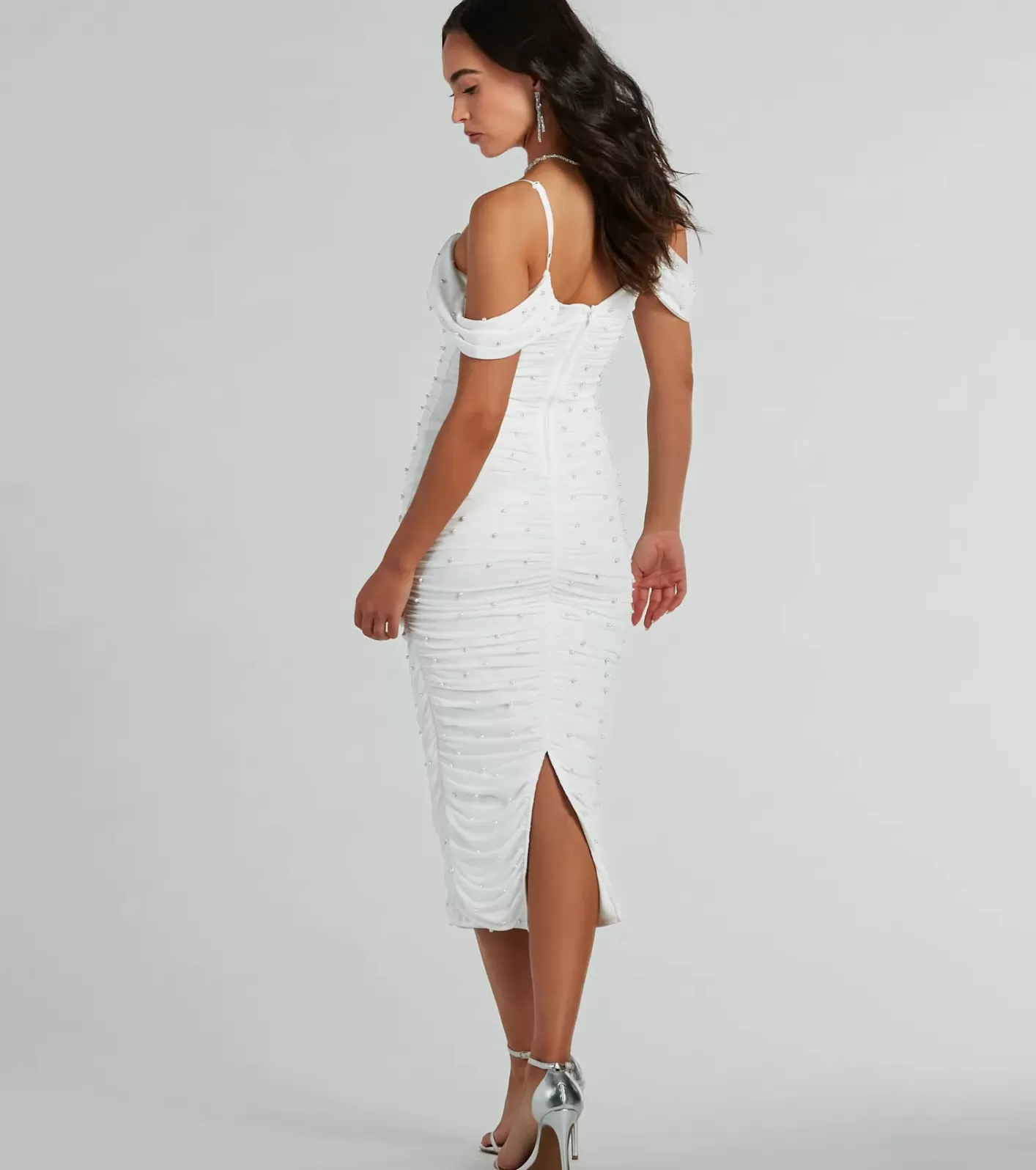 Windsor Anika Cold-Shoulder Pearl Mesh Formal Midi Dress WHITE Discount