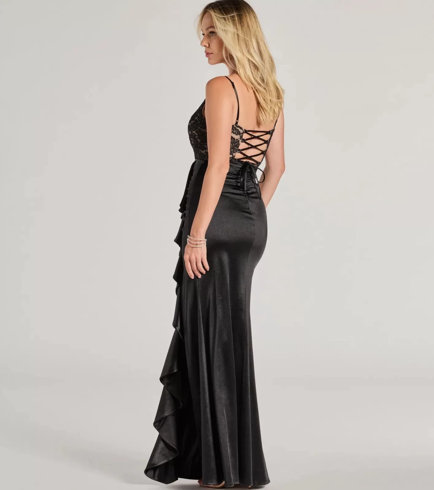 Windsor Anna Lace-Up Lace Satin Mermaid Formal Dress BLACK Flash Sale
