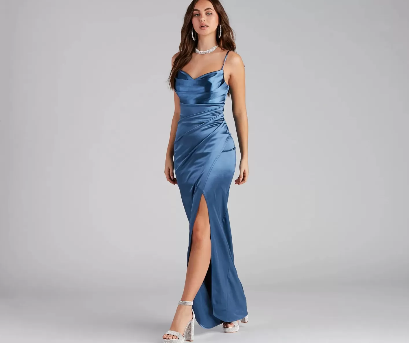 Windsor Annabelle Knit Satin Formal Dress DENIM Discount