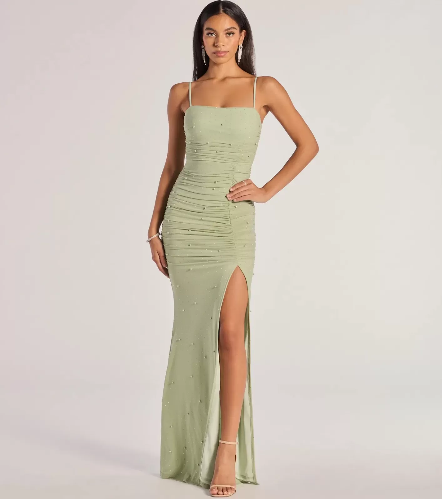 Windsor Annika Pearl And Rhinestone Ruched Mesh Mermaid Dress SAGE Cheap